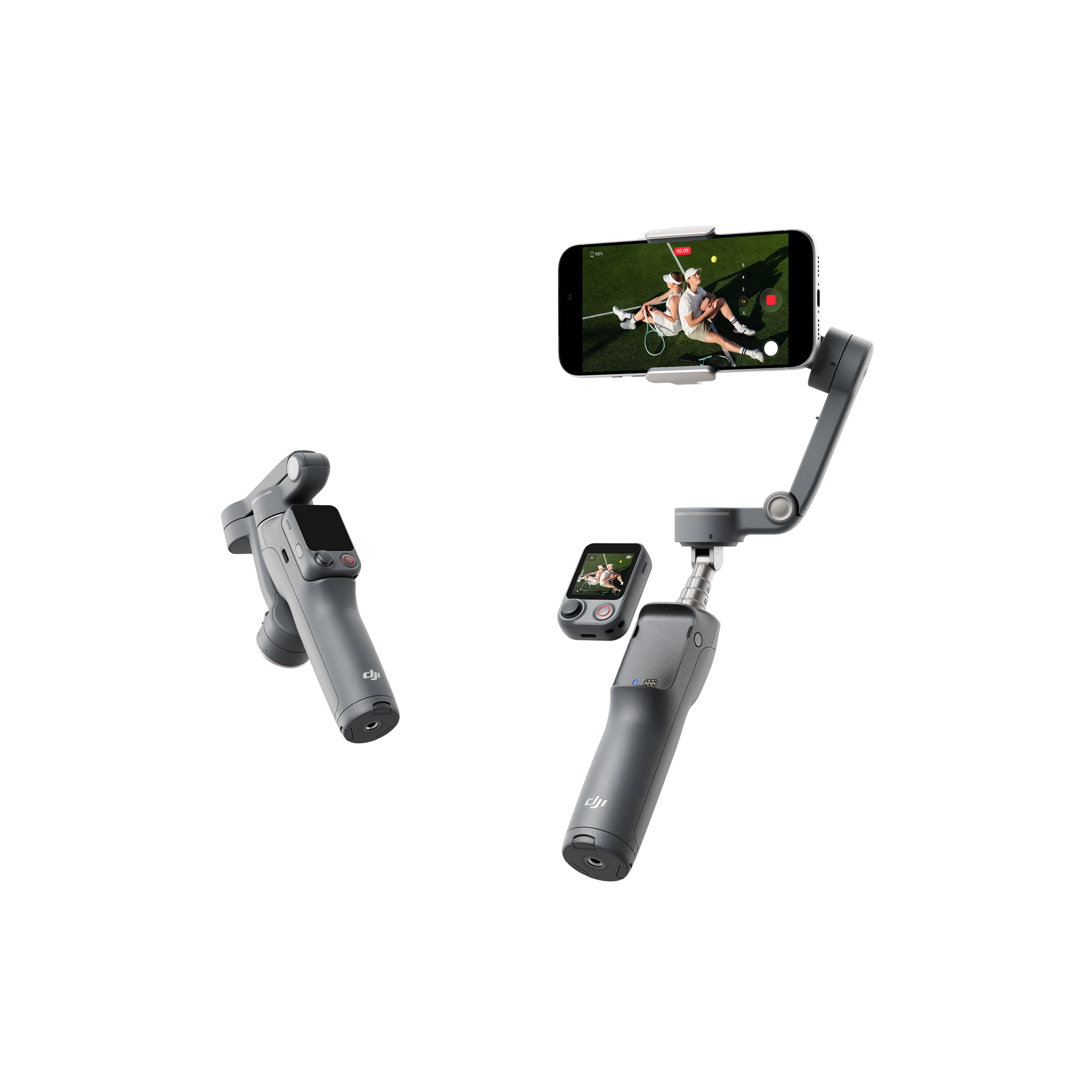 Grauer Gimbal mit Smartphone, das zwei Tennisspieler zeigt.