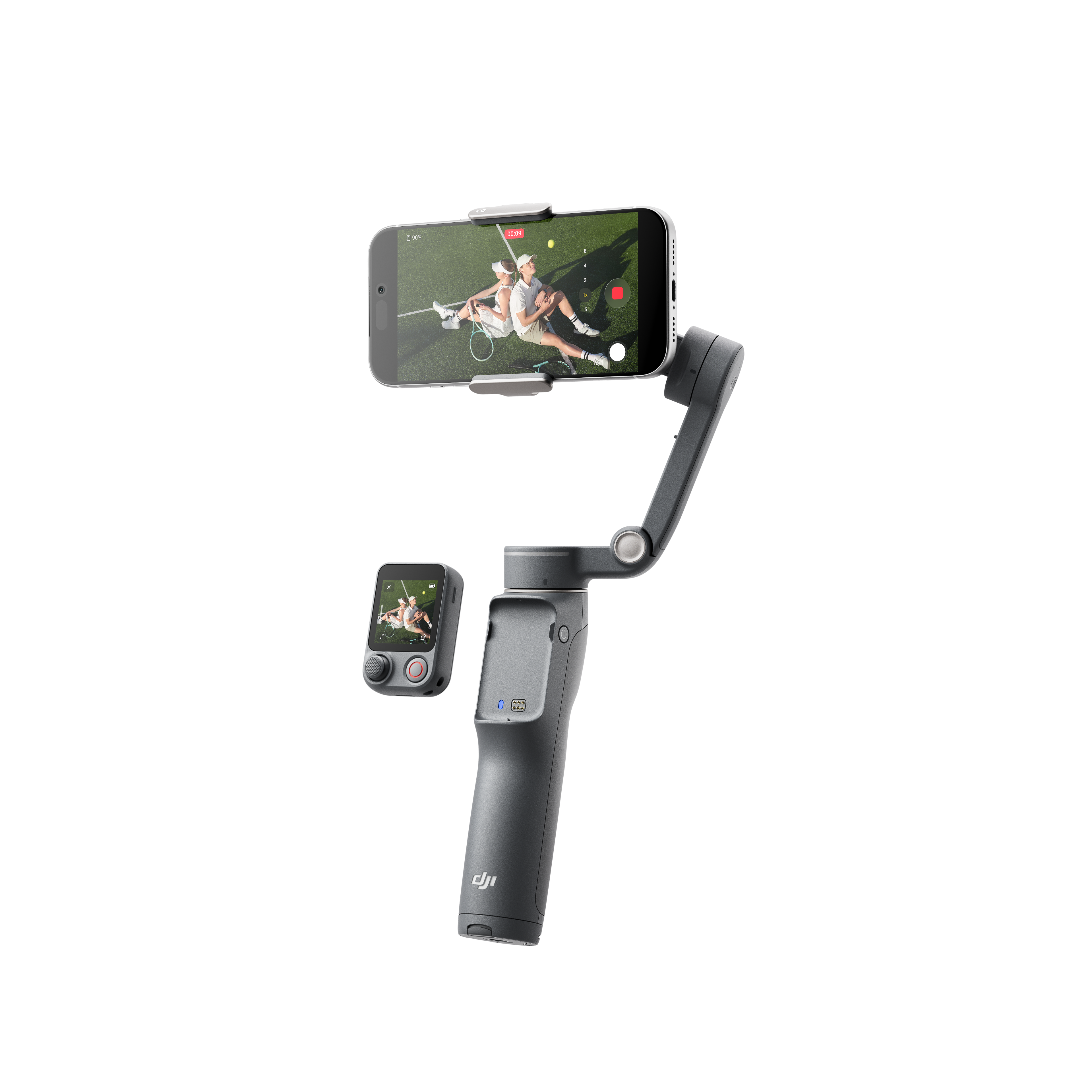 Ein Smartphone-Gimbal mit kleinem Bildschirm, auf dem ein Tennisspiel zu sehen ist.