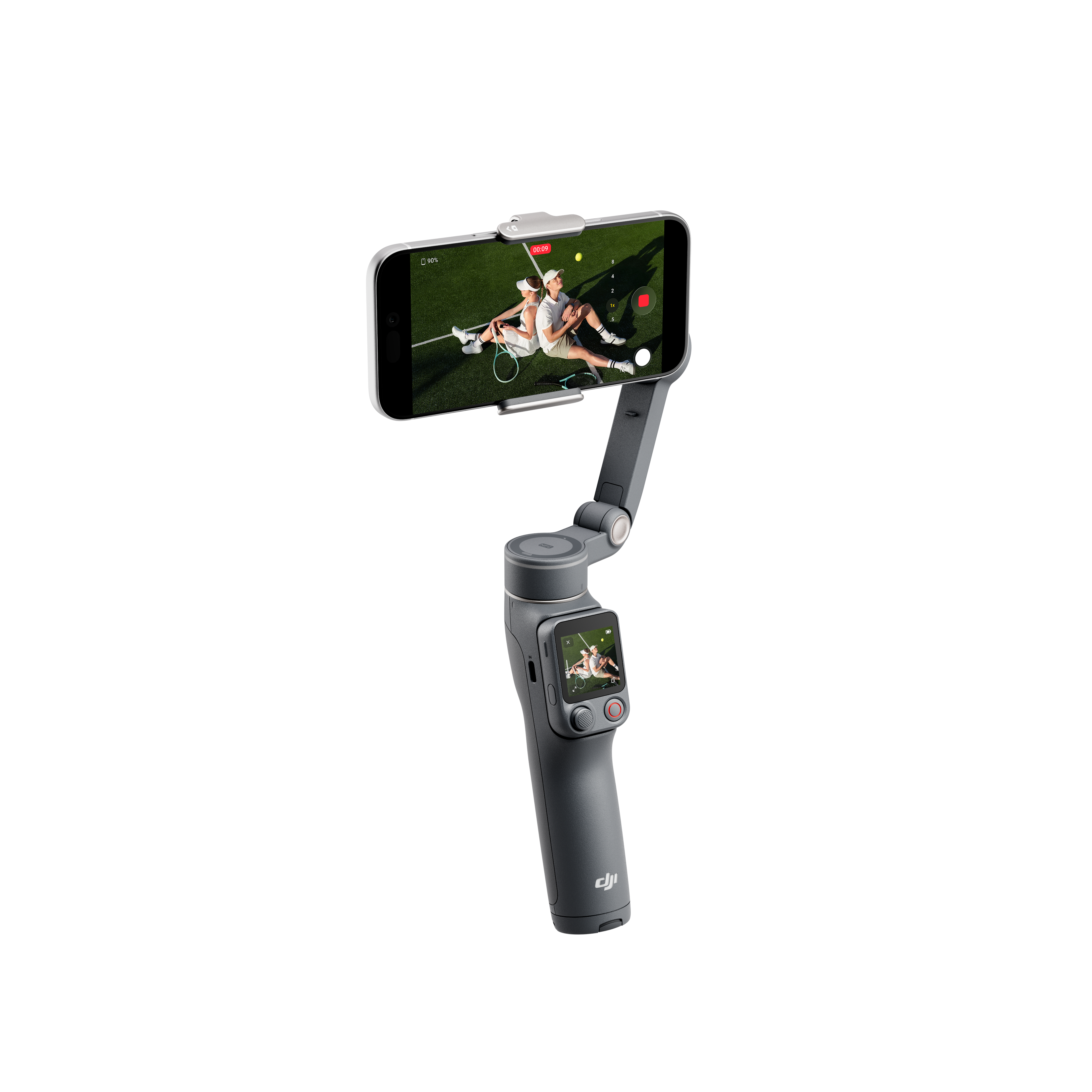Ein grauer Gimbal hält ein Smartphone, das Tennisspieler auf einem Platz zeigt.