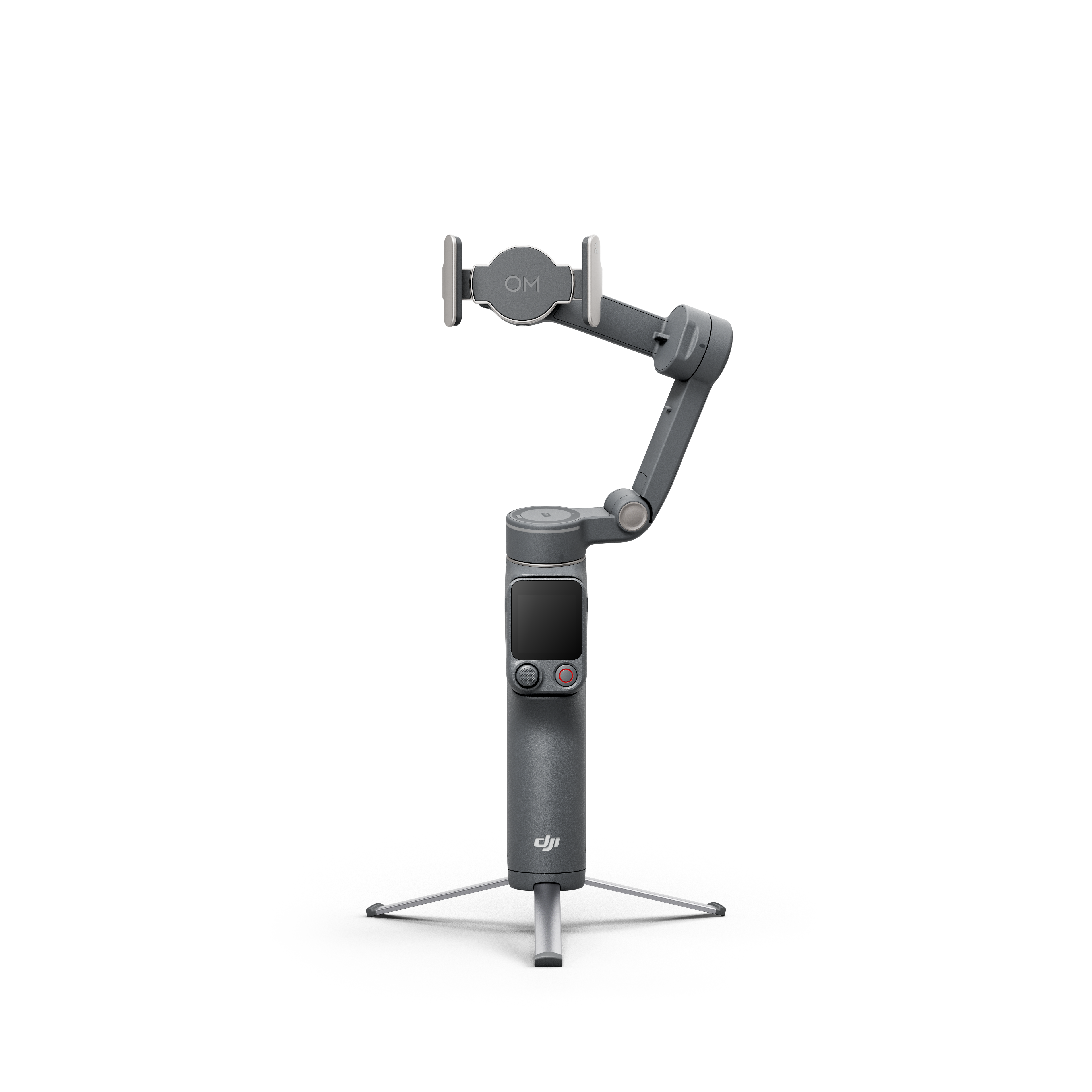 Grauer Gimbal mit Handyhalterung, Bildschirm und Stativ.