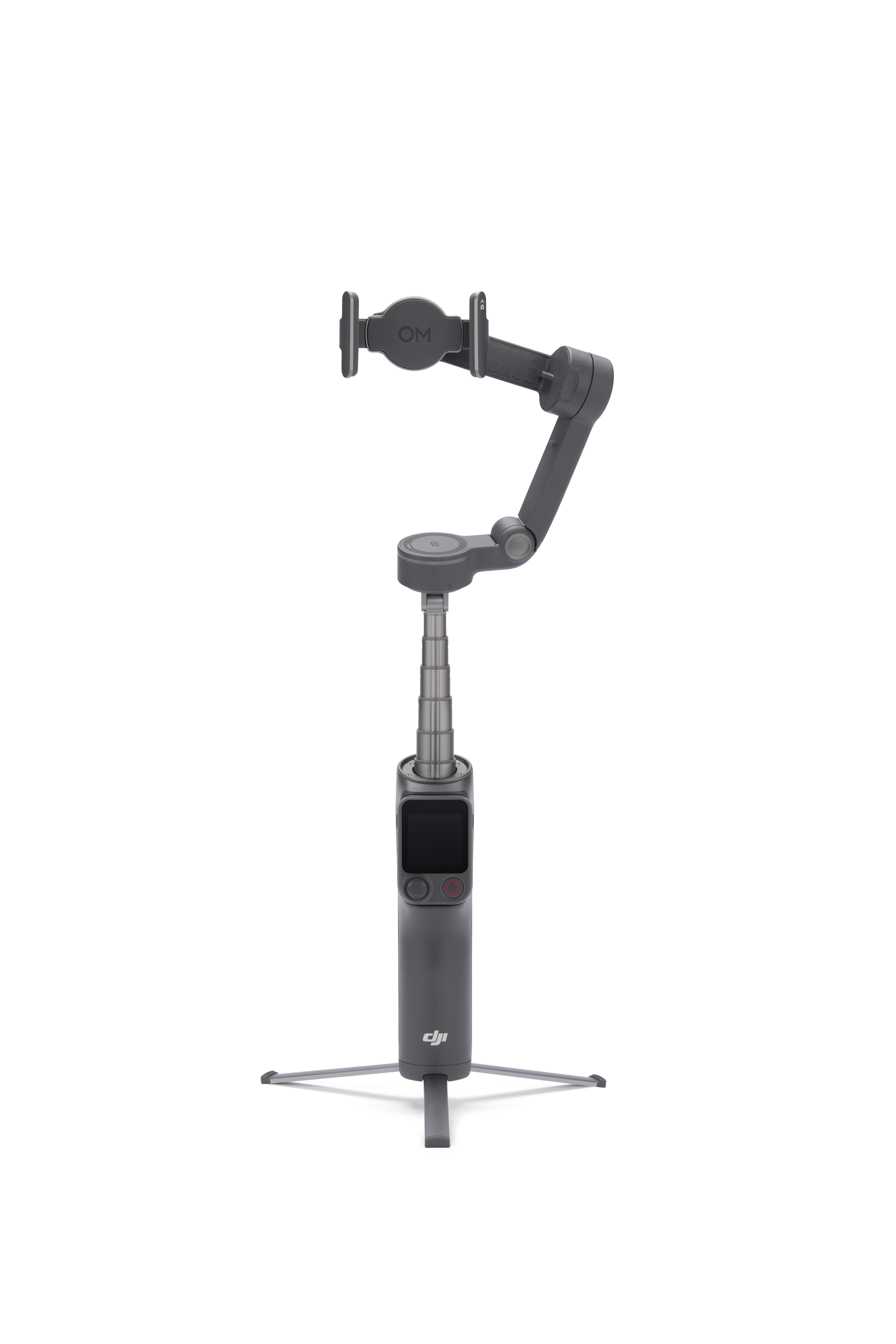 Grauer Gimbal mit ausziehbarem Stab und Handyhalterung, auf Stativ.