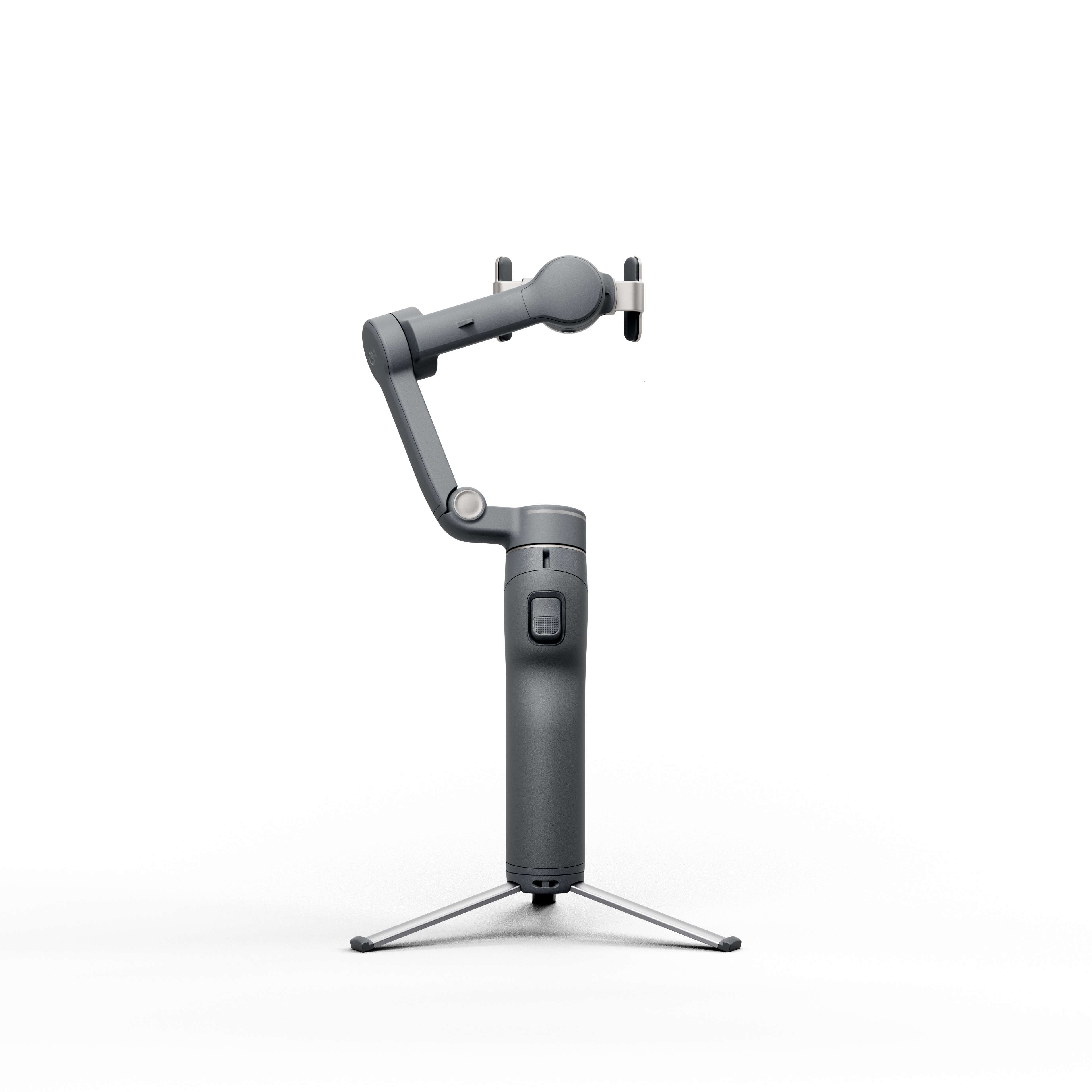 Grauer Gimbal mit Stativ, auf schwarzem Hintergrund.