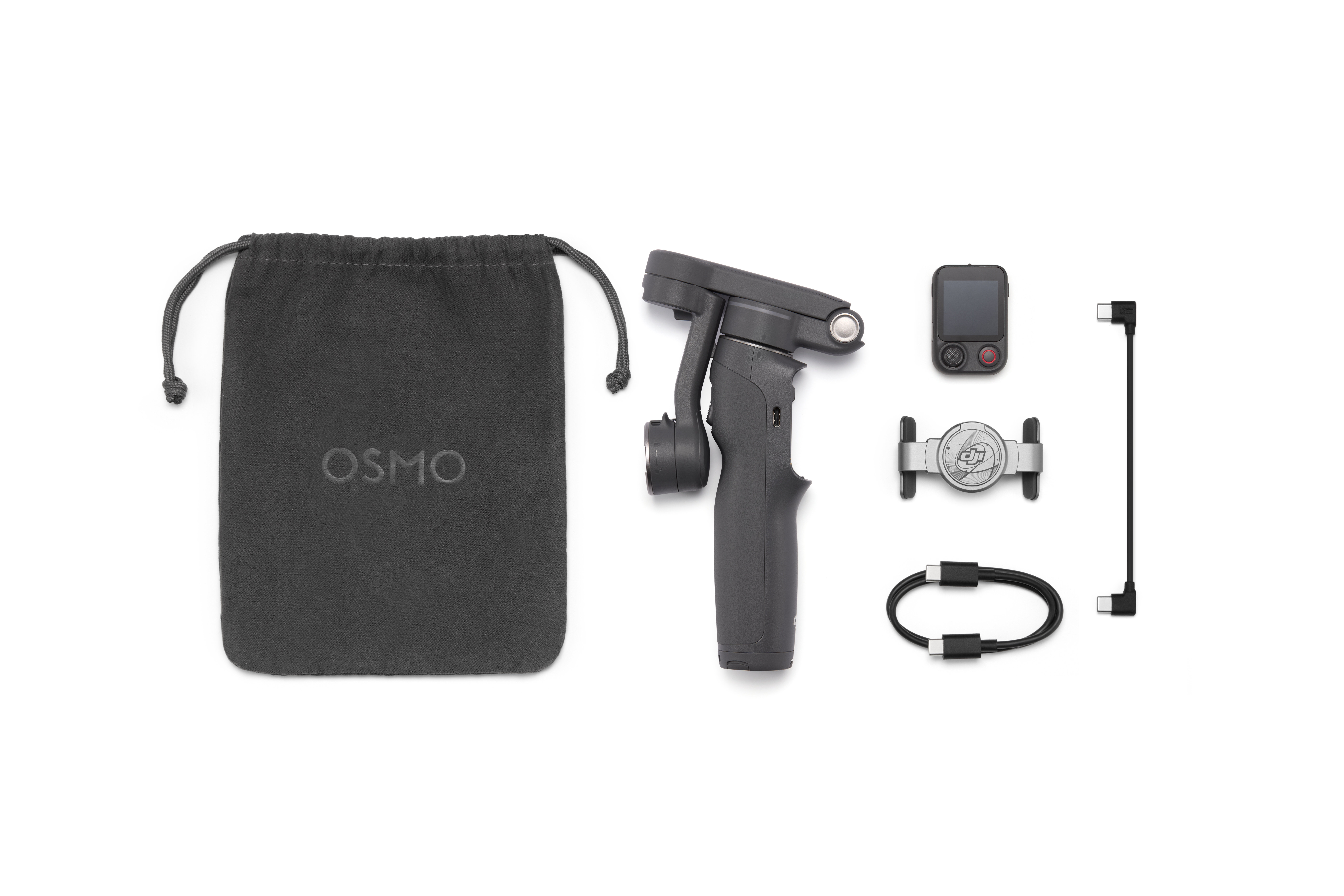 Graue OSMO-Tasche, Gimbal, Bildschirm, Handyhalterung und Kabel auf weißem Hintergrund.