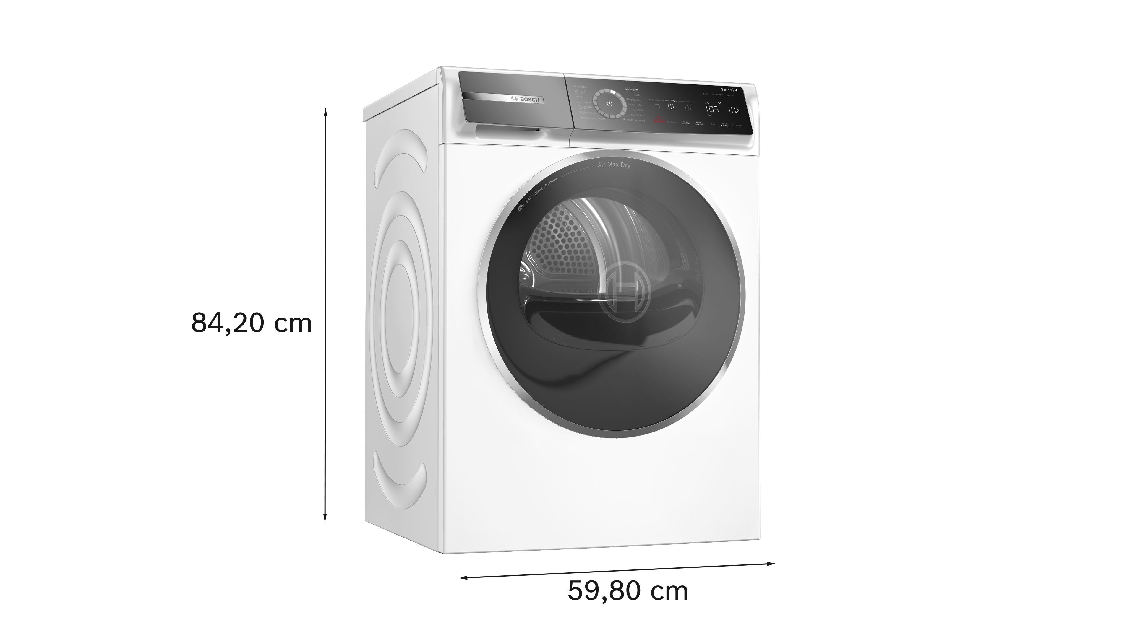 Eine weiße Bosch Wäschetrockner-Serie 8 mit digitalen Anzeigen. H: 84,2cm, B: 59,8cm.