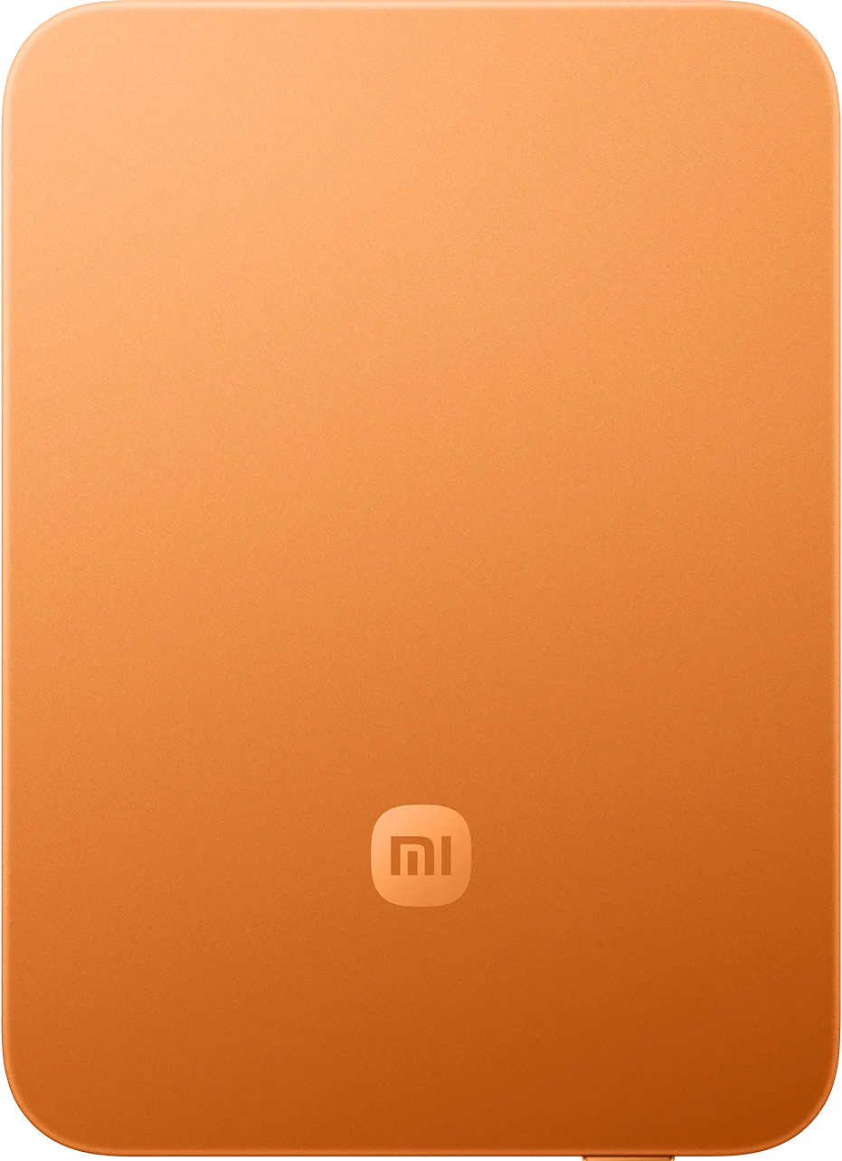 Egy narancssárga, négyzet alakú tárgy lekerekített sarkokkal és Xiaomi logóval.