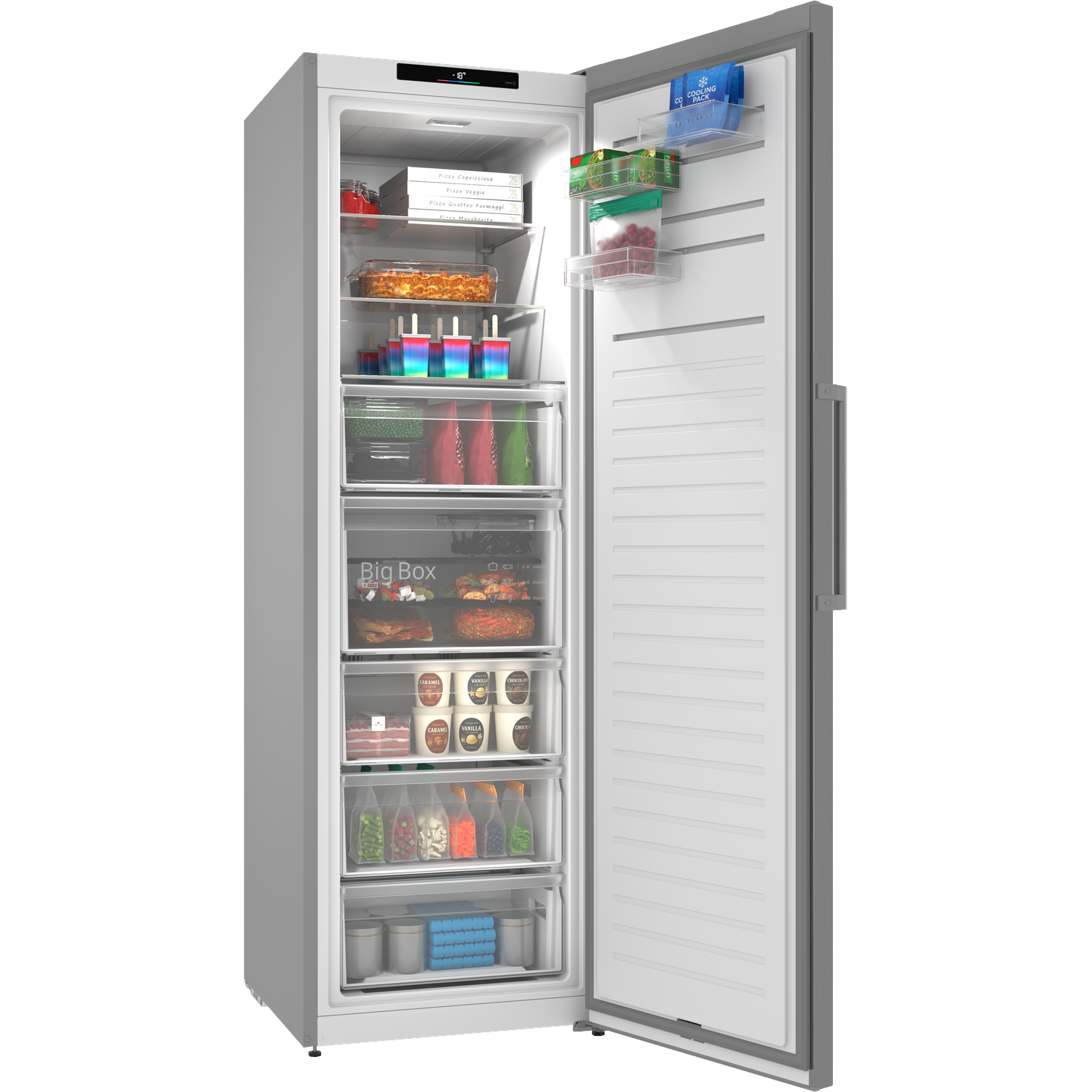 Open white refrigerator interior with food items like pizza, ice pops, frozen peas, ice cream, and cooling packs.