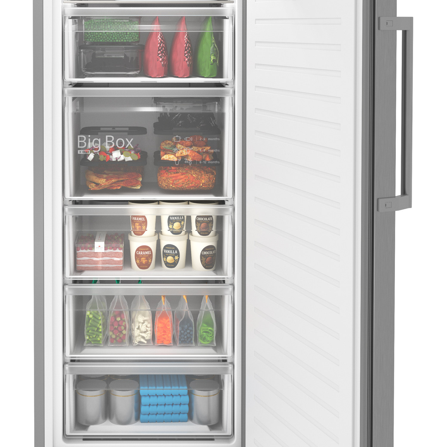 Freezer with drawers full of frozen food, ice cream, and ice packs.