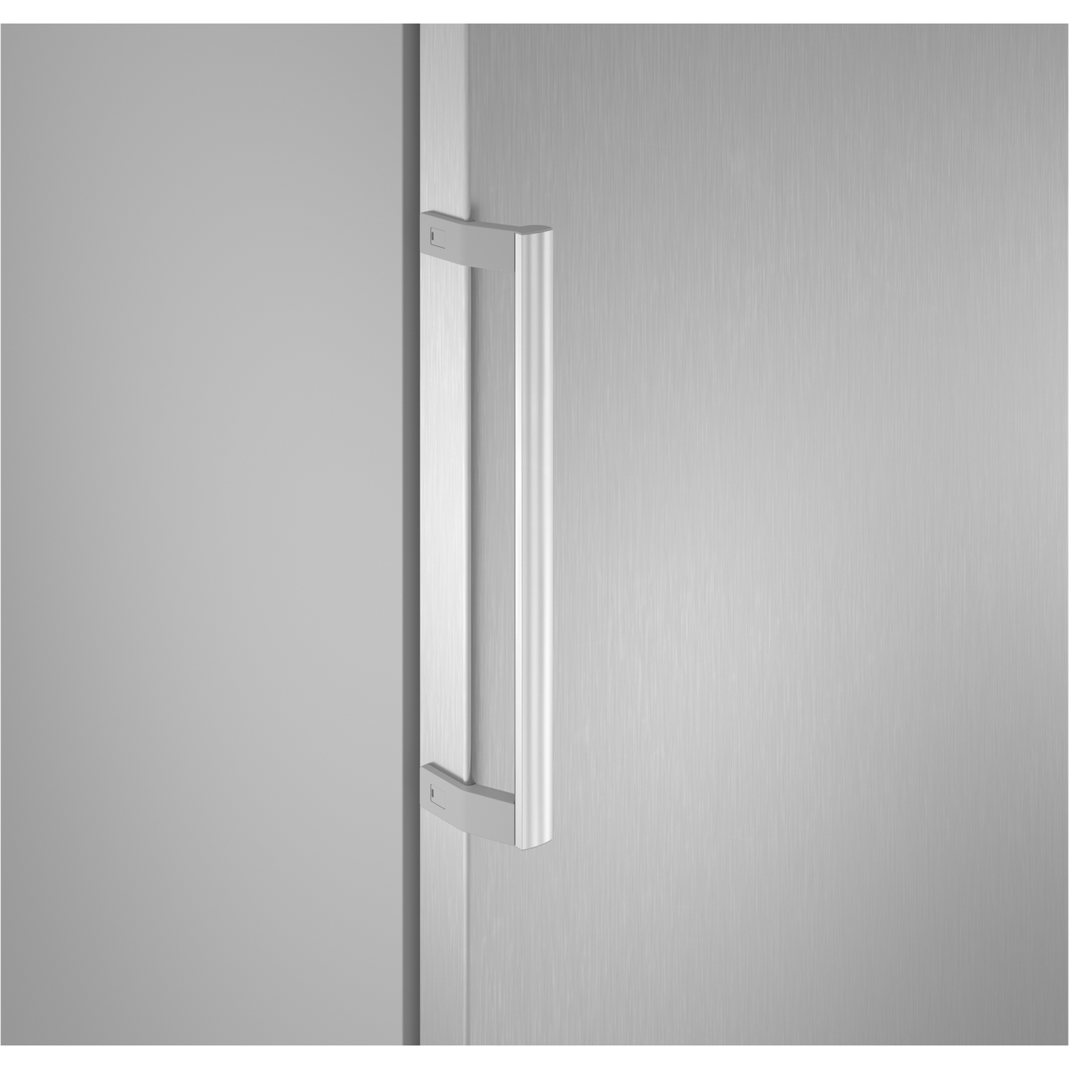 A silver handle is mounted on a brushed metal surface.