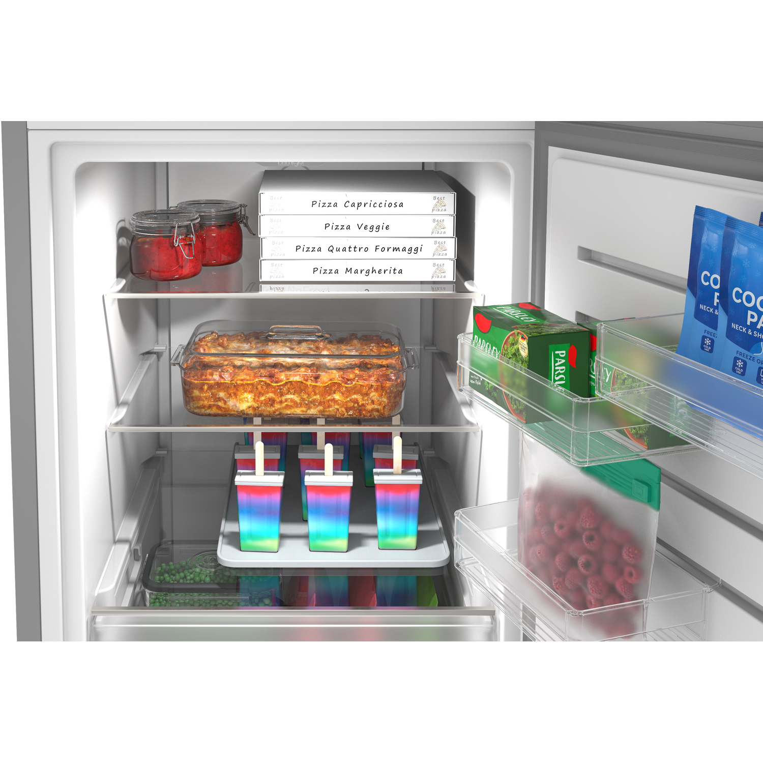 Freezer with lasagna, popsicles, pizzas, and berries.