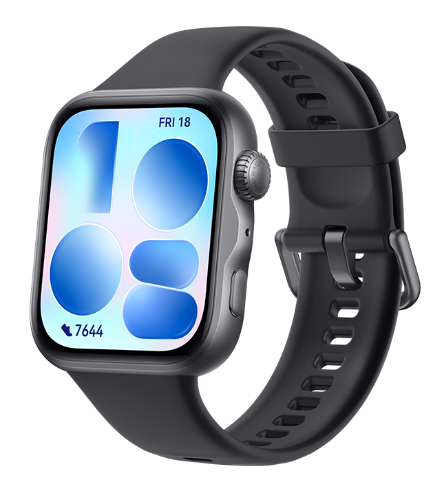 Szary smartwatch z czarnym paskiem wyświetla kolorowe kafelki i liczbę kroków.