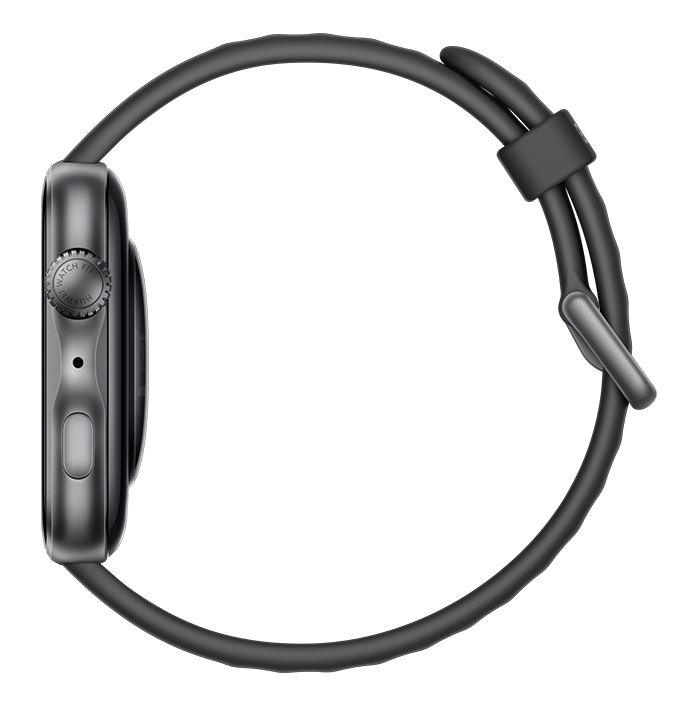 Szary smartwatch z czarnym paskiem, widok z profilu na czarnym tle.