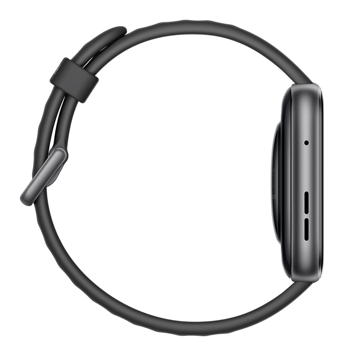 Szary smartwatch z czarnym paskiem, widok z boku na czarnym tle.