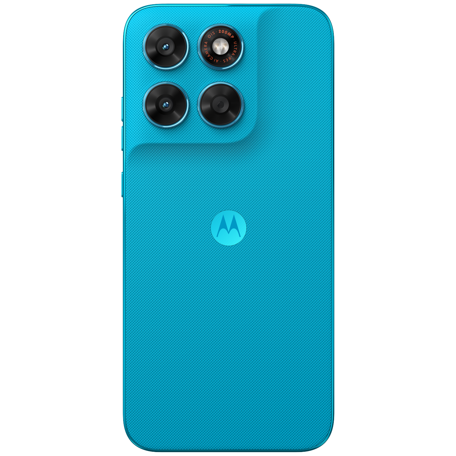 Back of a turquoise smartphone with four cameras and Motorola logo.