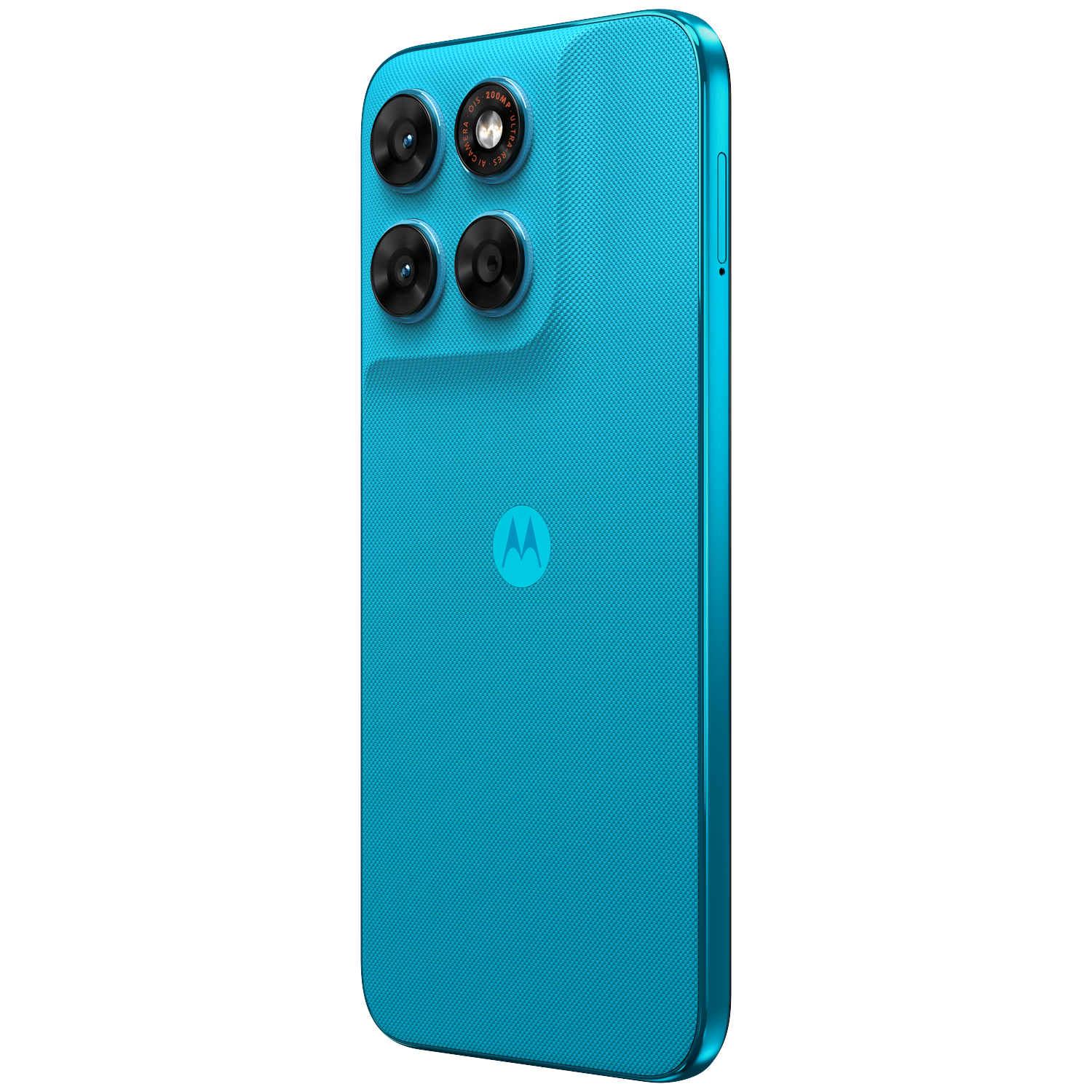A turquoise smartphone with four cameras and the Motorola logo.