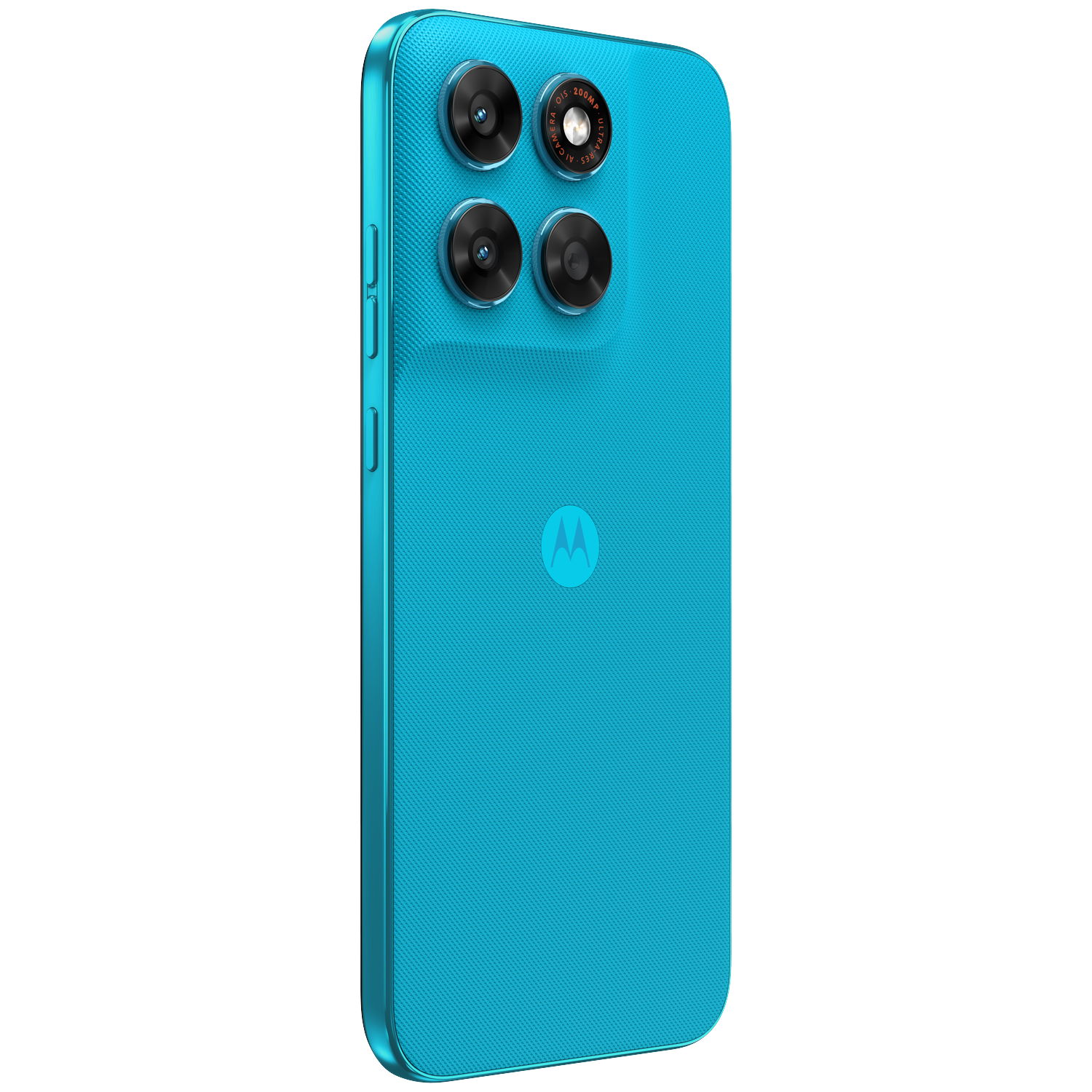 A blue Motorola phone back with four cameras and a Motorola logo.