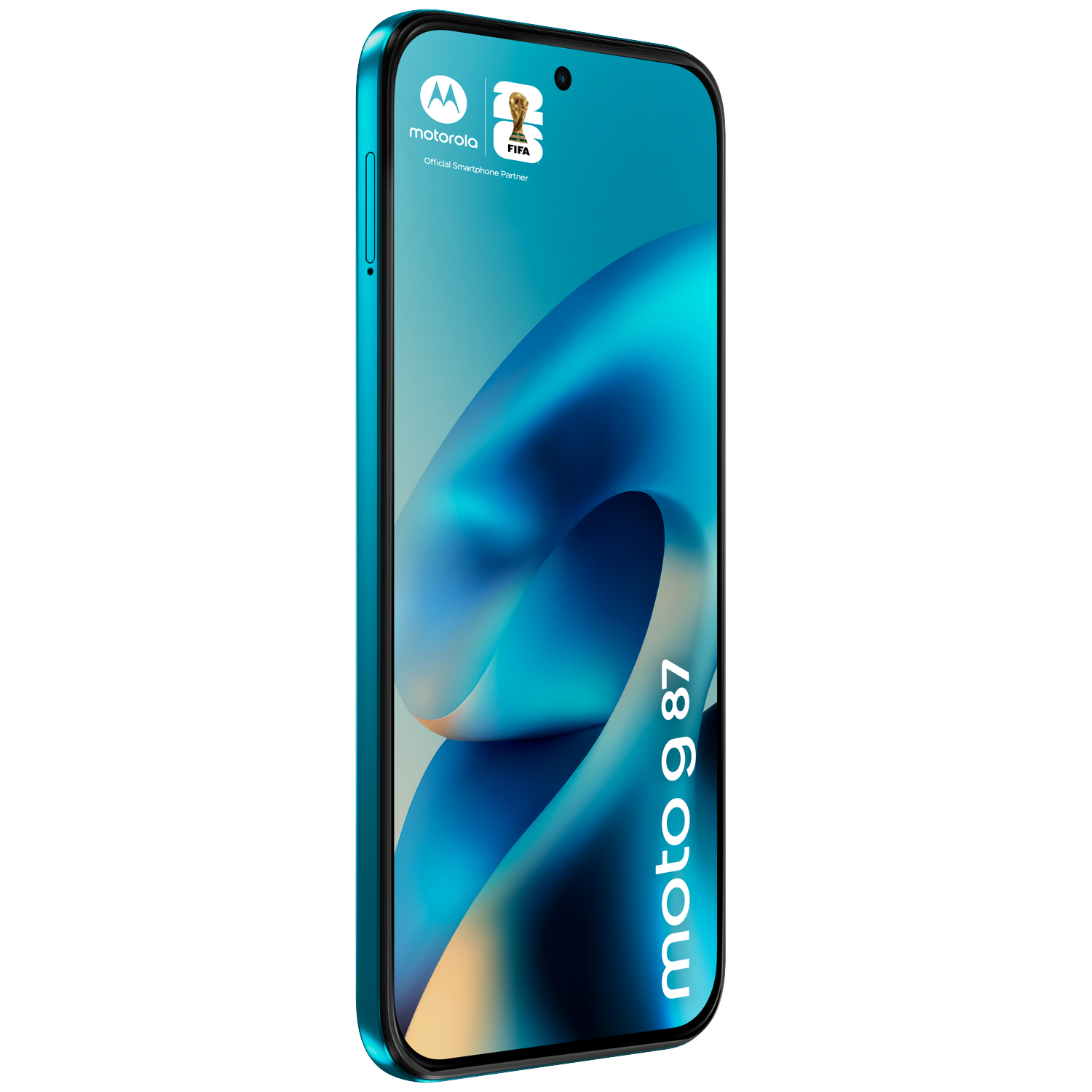 A blue Motorola Moto G 87 smartphone with FIFA and Motorola logos.