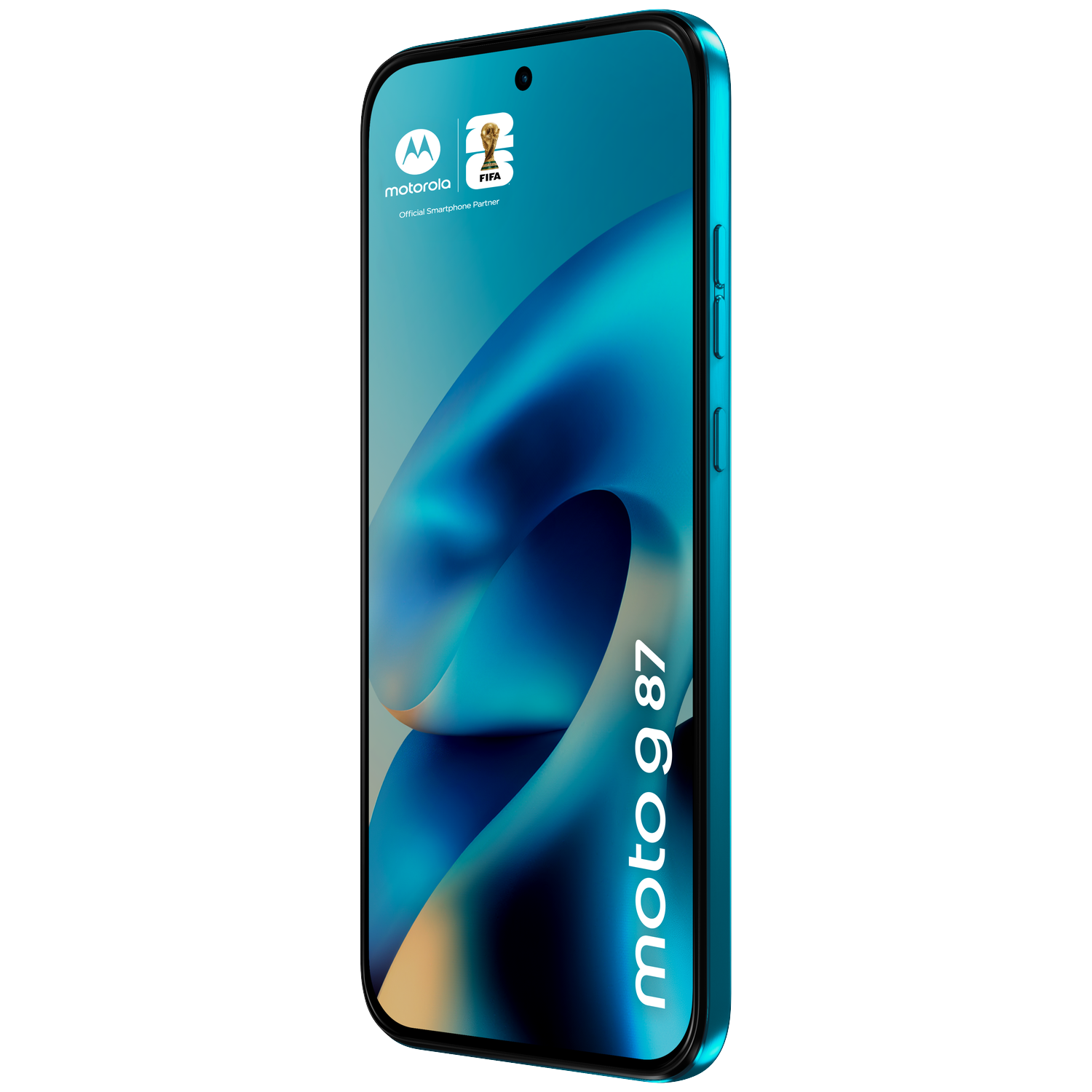 A teal Motorola Moto G 87 smartphone featuring the FIFA logo and a dynamic background.