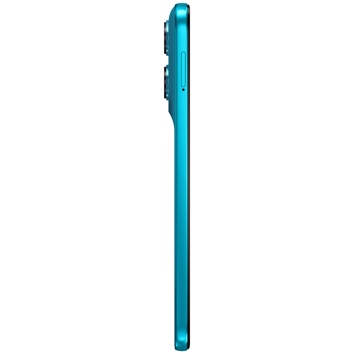 A turquoise smartphone shown from the side, with cameras and SIM tray visible.