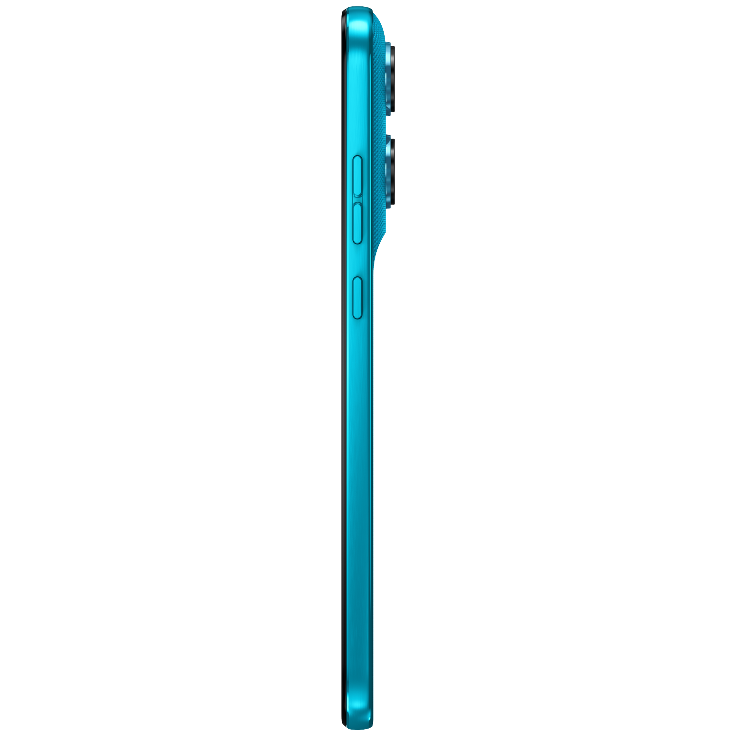 A turquoise smartphone shown from the side, revealing its buttons and camera lenses.
