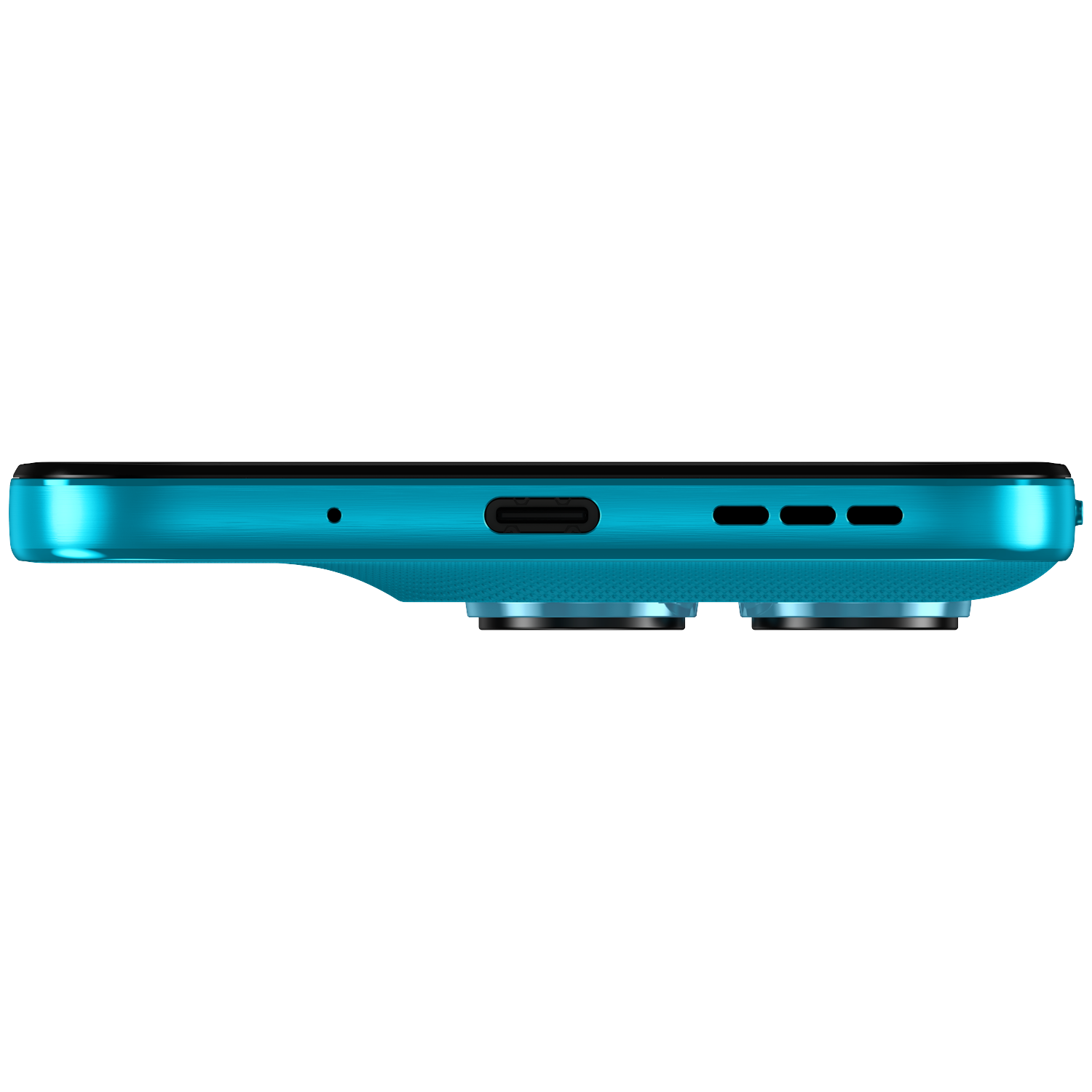 A turquoise smartphone with two camera lenses and a charging port.
