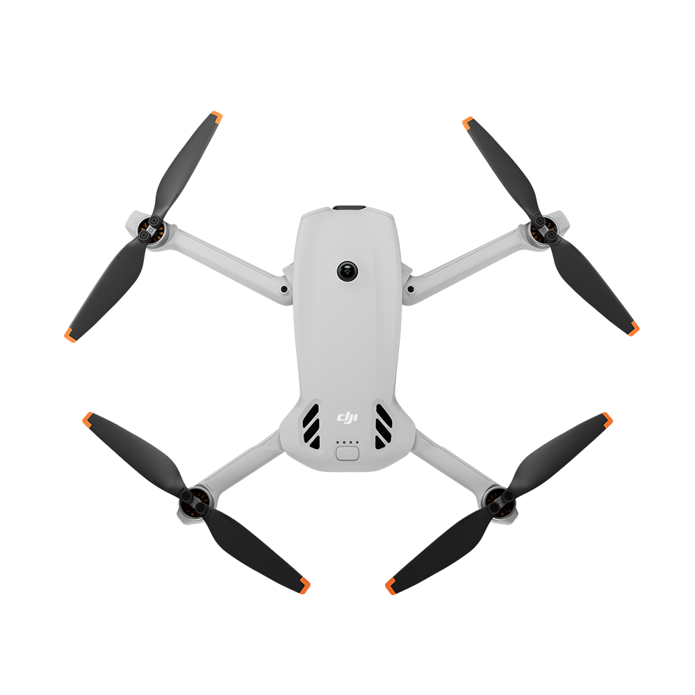 Turuncu uçlu dört siyah pervaneli beyaz drone.
