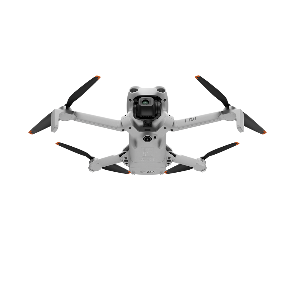 Dört pervaneli ve kameralı beyaz-gri mini drone.