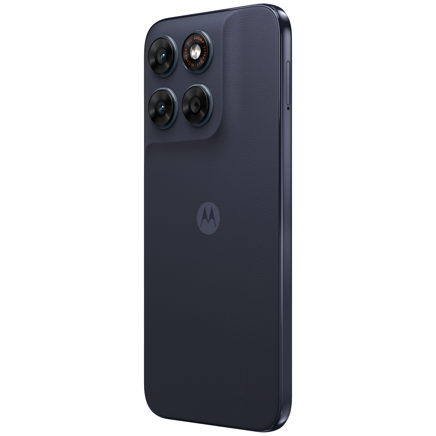 Rear view of a dark blue Motorola smartphone with four cameras and a Motorola logo.