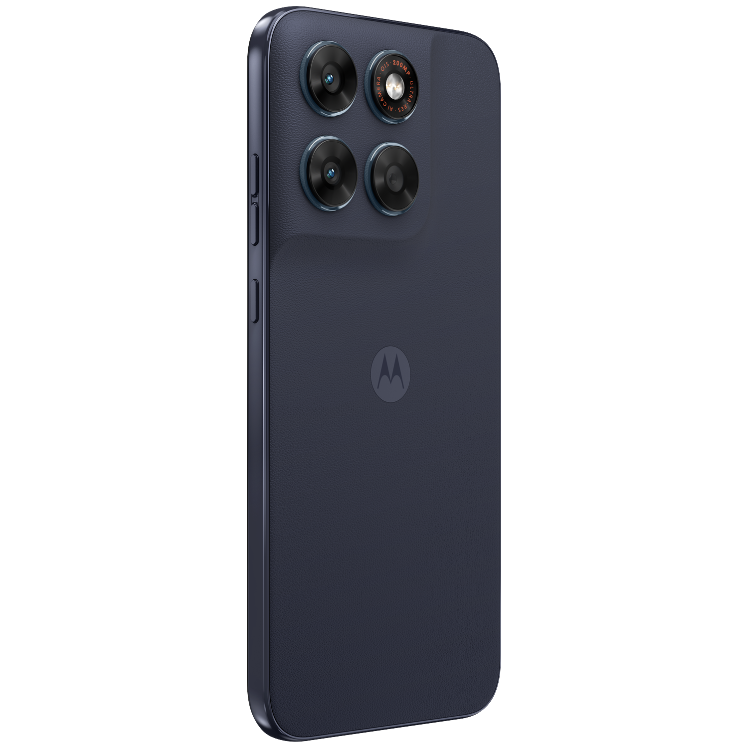 Dark blue smartphone with four cameras and Motorola logo on black background.