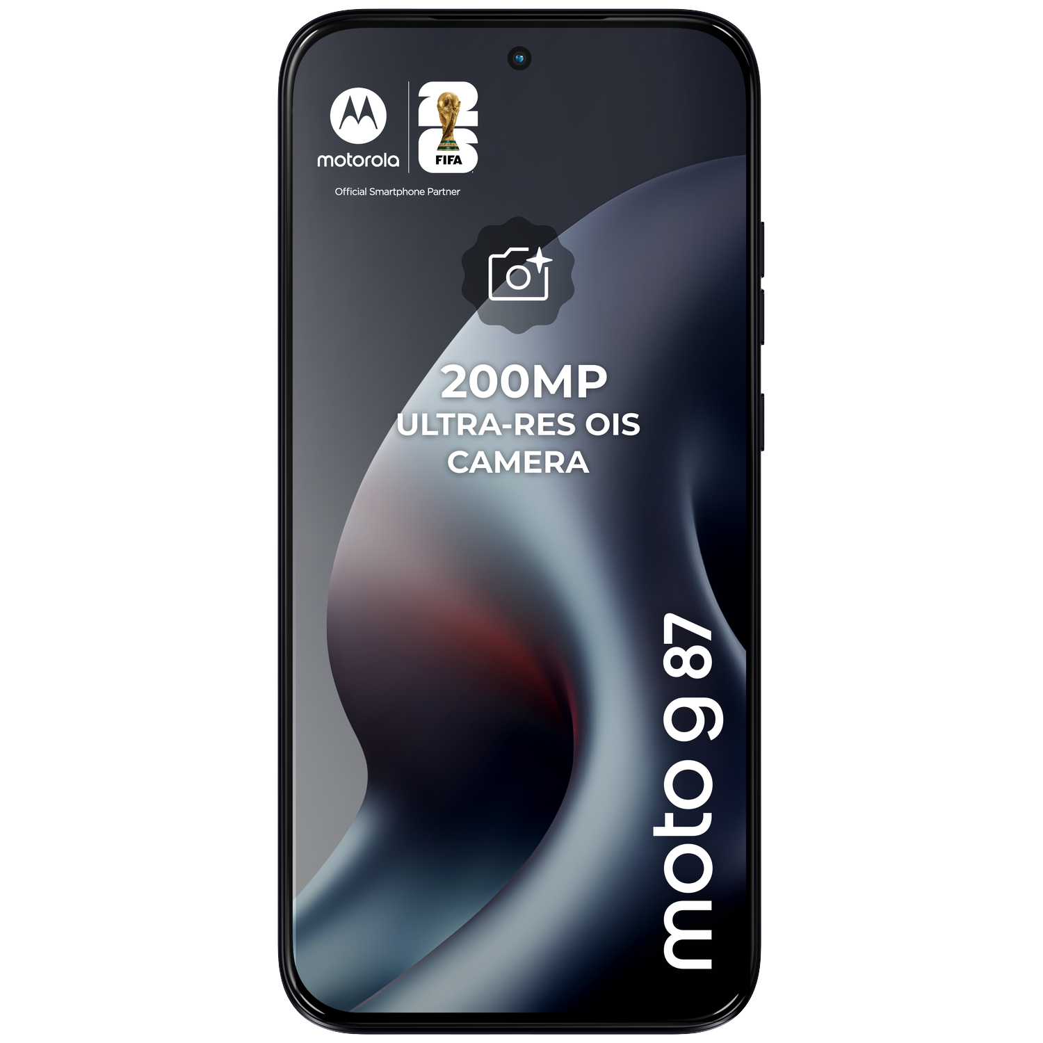 Motorola moto g 87 with 200MP camera and FIFA logo. Dark background.