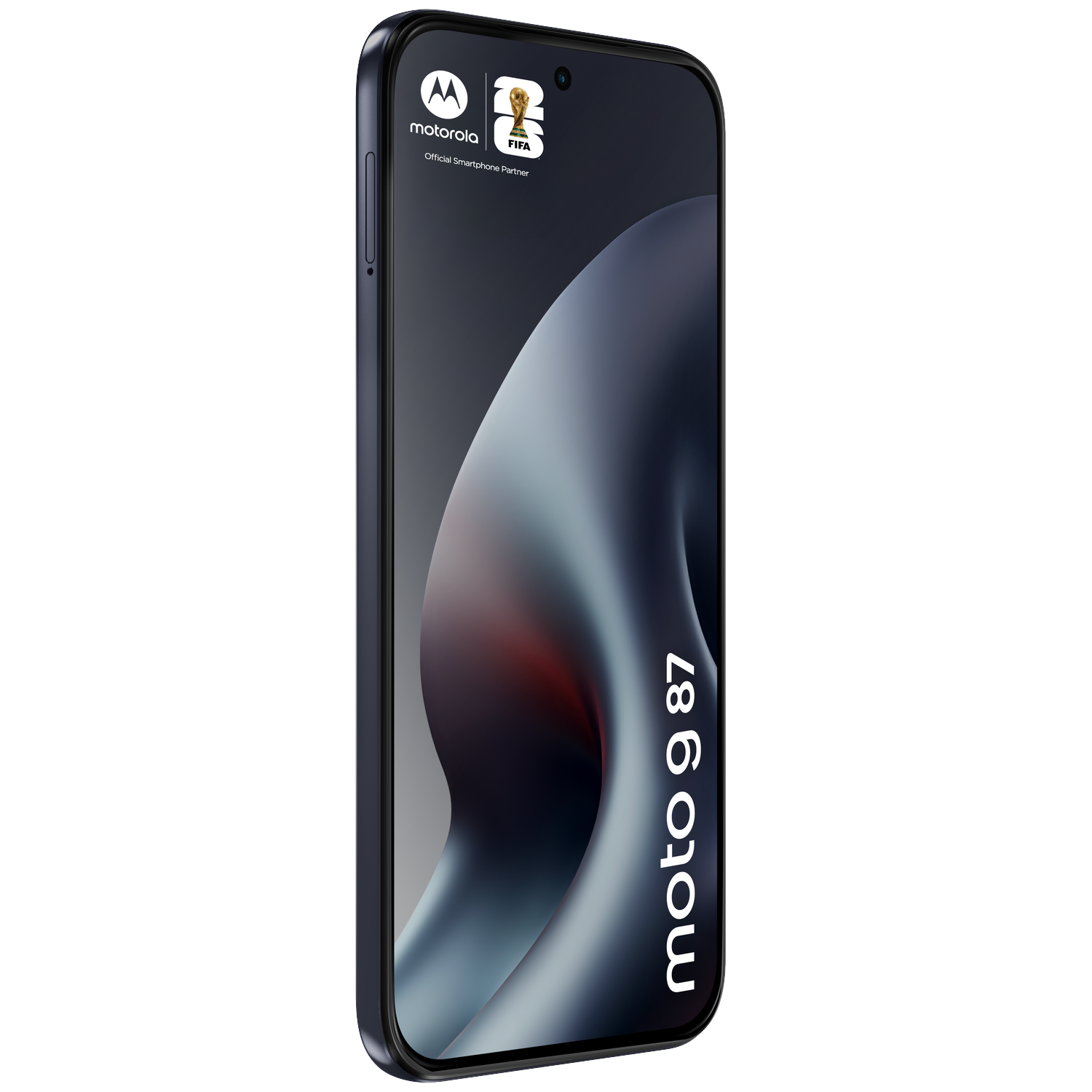 A dark Motorola phone displaying 'moto g 87' and the FIFA logo.