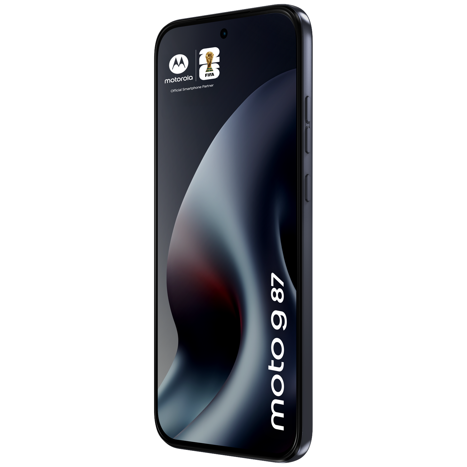 Dark Motorola Moto G 87 smartphone with FIFA logo and dark background.