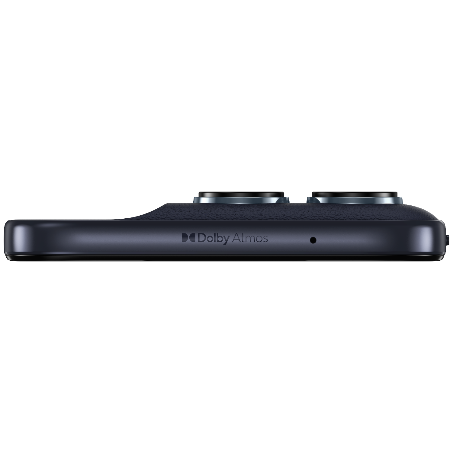 The back of a dark smartphone with two cameras and Dolby Atmos logo.