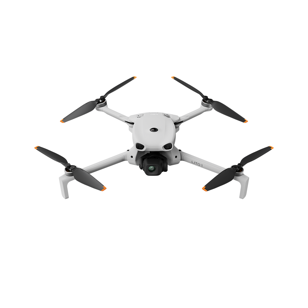 Siyah pervaneli ve turuncu vurgulu beyaz bir drone.