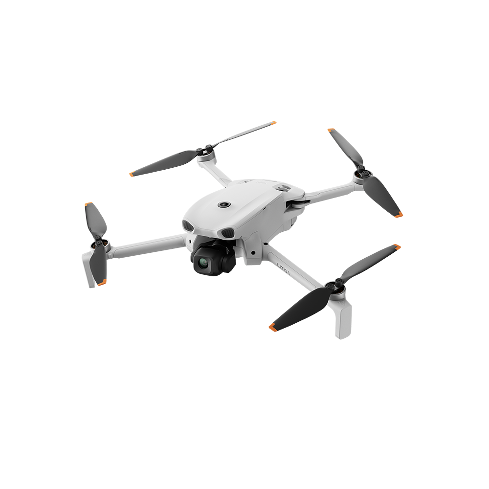 Siyah pervaneli, ön kamerası olan beyaz bir drone.