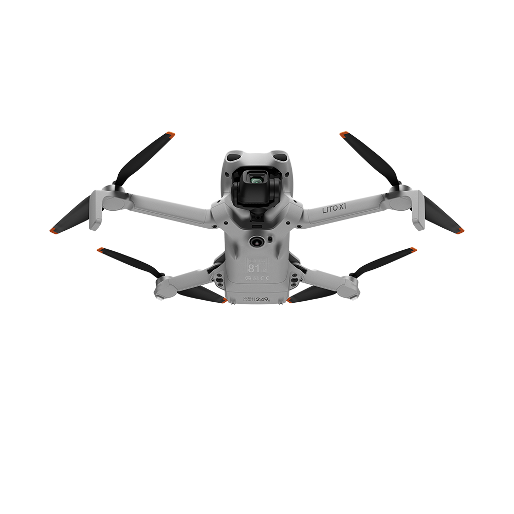 Kameralı ve pervanelerinde turuncu vurgular bulunan beyaz LITO XI drone.