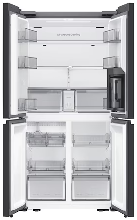 Offener Kühlschrank mit vier Türen, leere Regale und Schubladen.