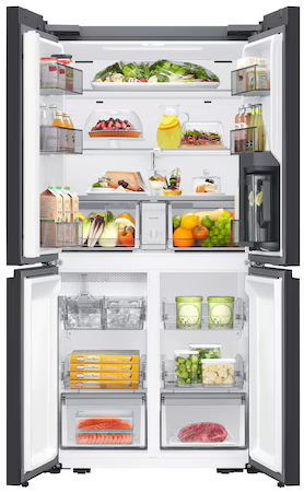 Ein offener Kühlschrank mit Lebensmitteln gefüllt, Obst, Gemüse, Getränke, Fleisch und Eis.