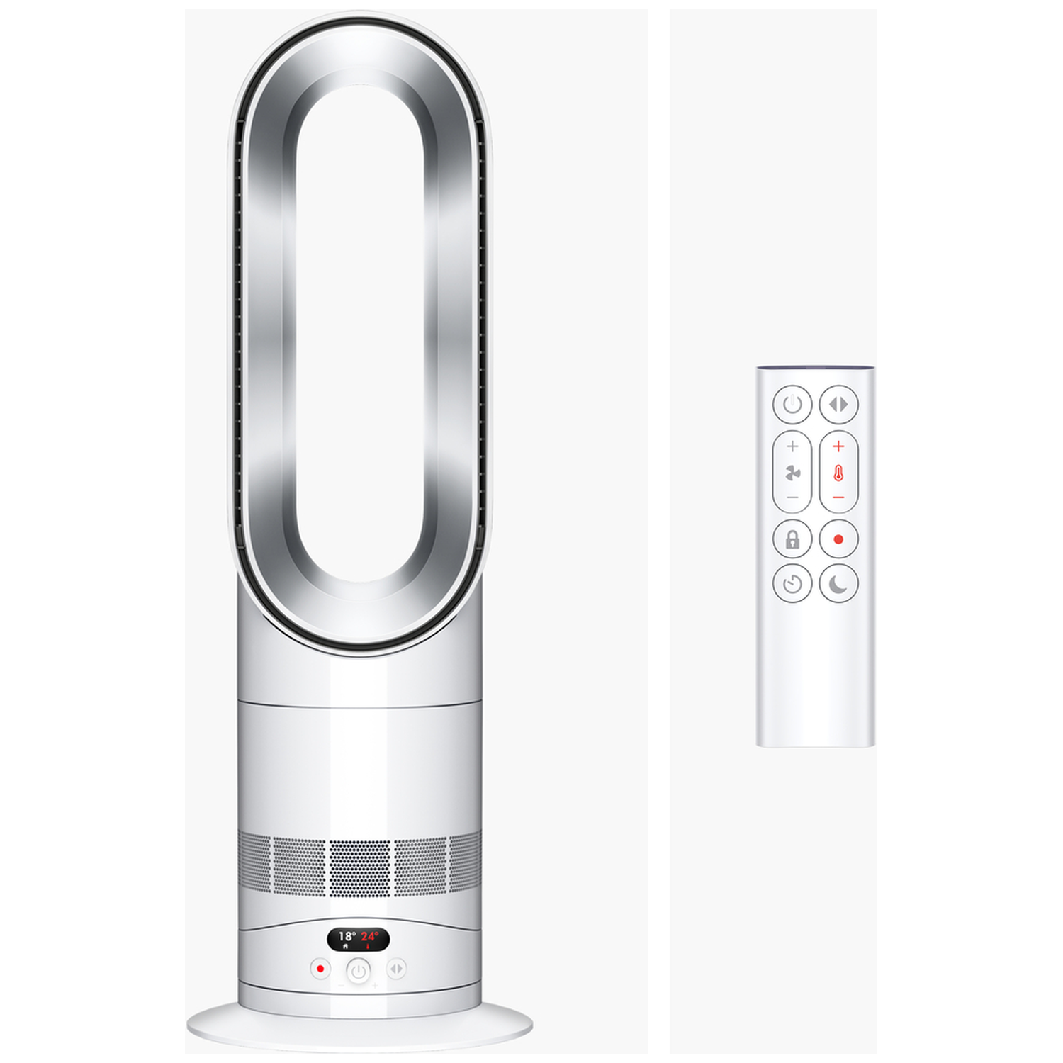 A white bladeless fan stands next to its remote control.