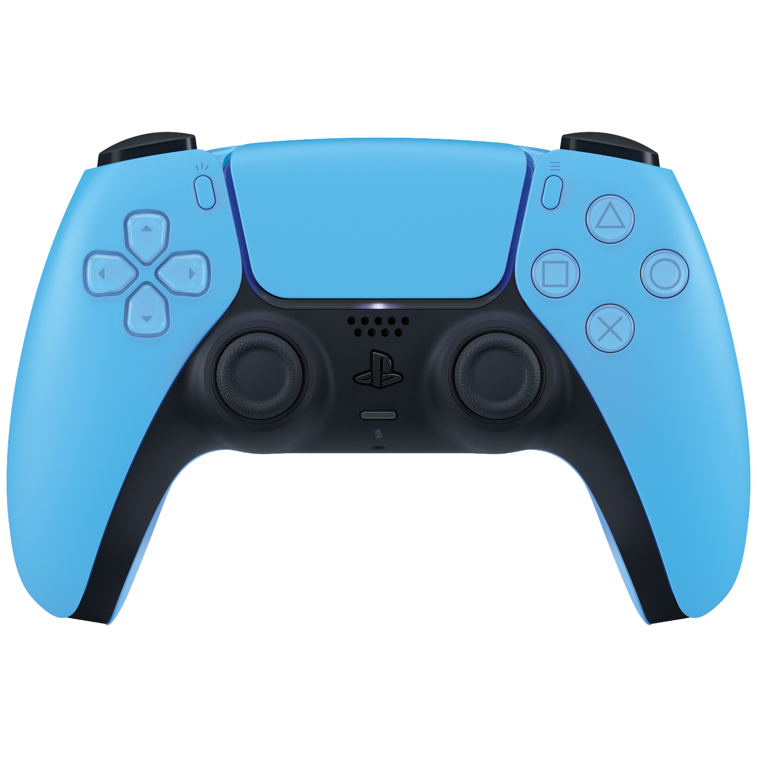 Een lichtblauwe PlayStation 5 controller met zwarte accenten op een zwarte achtergrond.