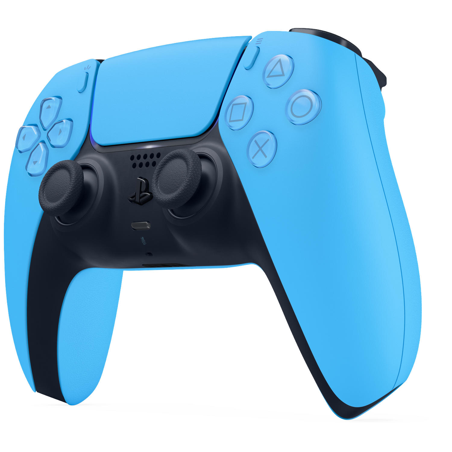 Een blauwe en zwarte controller met zwarte joysticks en knoppen op een zwarte achtergrond.