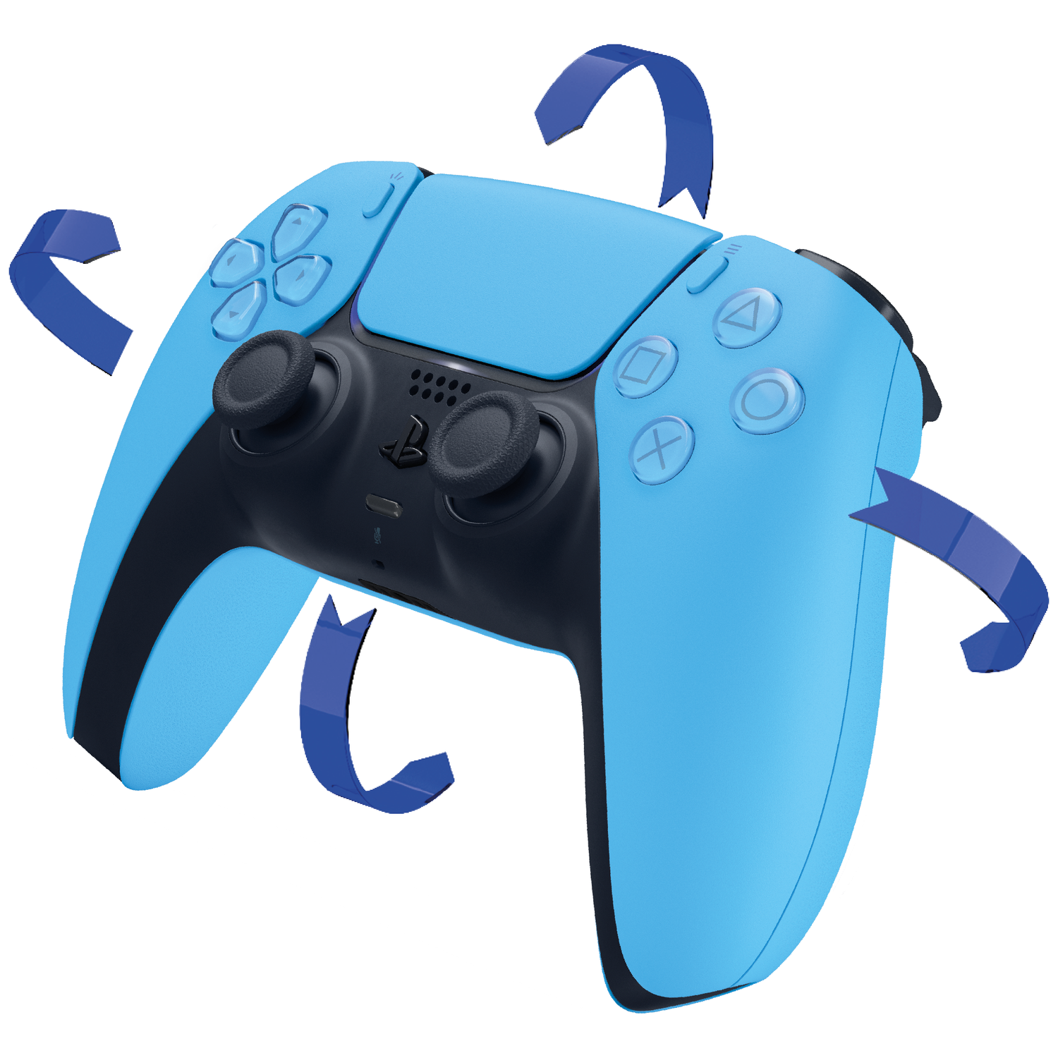 Een blauw-zwarte videogamecontroller met blauwe pijlen die beweging aangeven.