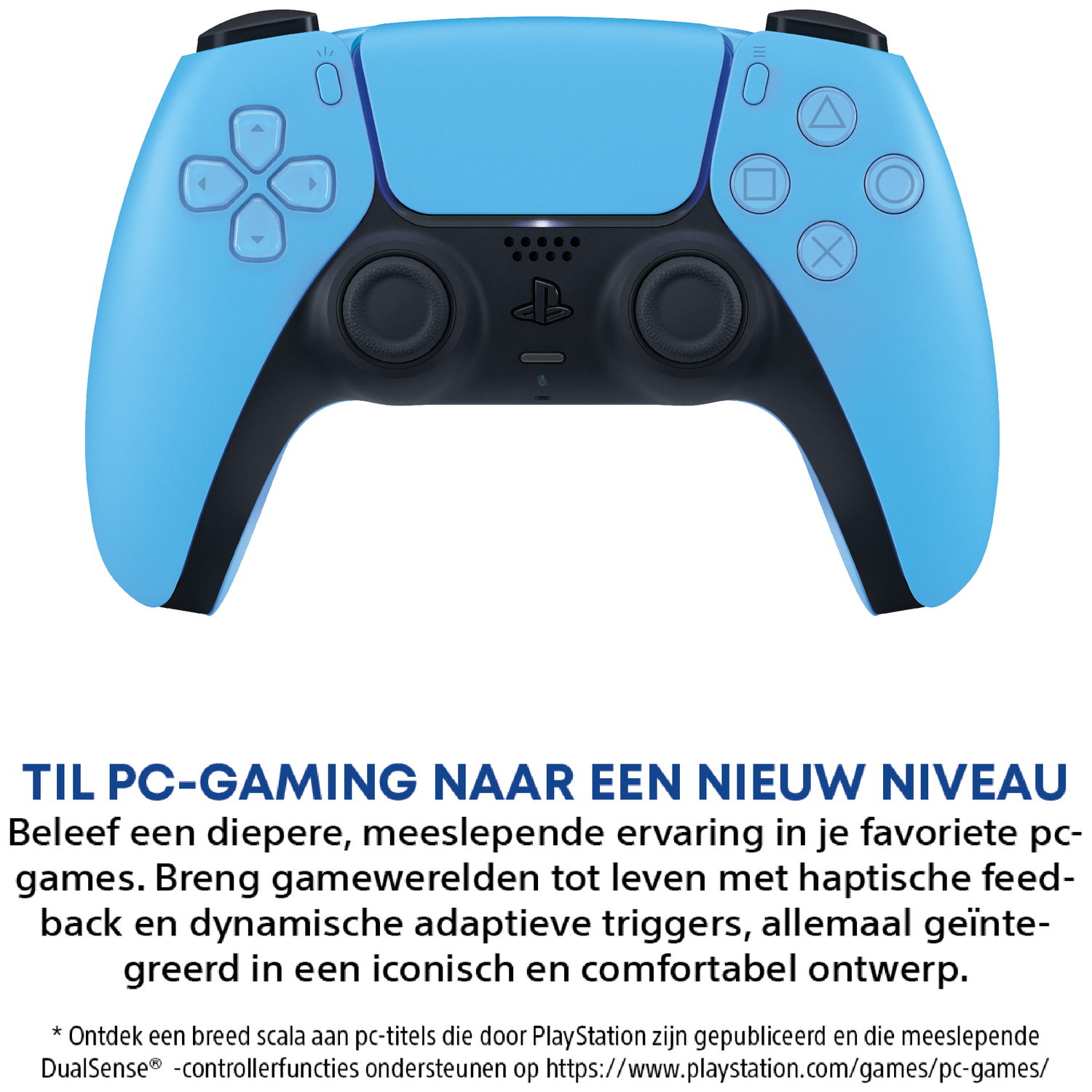 Een lichtblauwe PlayStation controller met zwarte accenten, vooraanzicht.