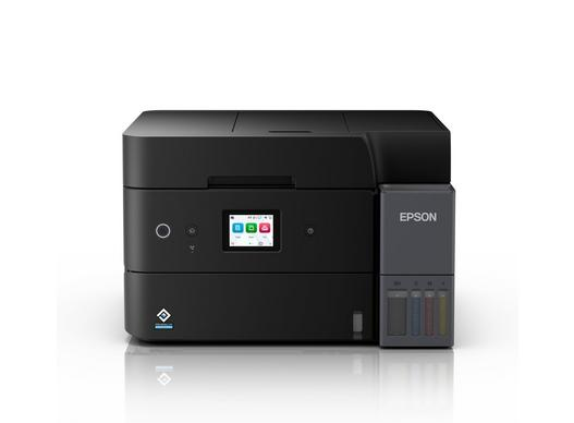 Ein schwarzer Epson EcoTank Drucker mit Farb-Tintenbehältern und einem Touchscreen.