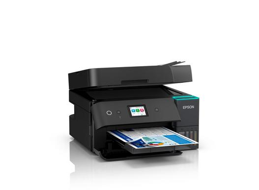 Ein schwarzer Epson Drucker mit einem Blatt Papier, das aus dem Ausgabefach ragt.