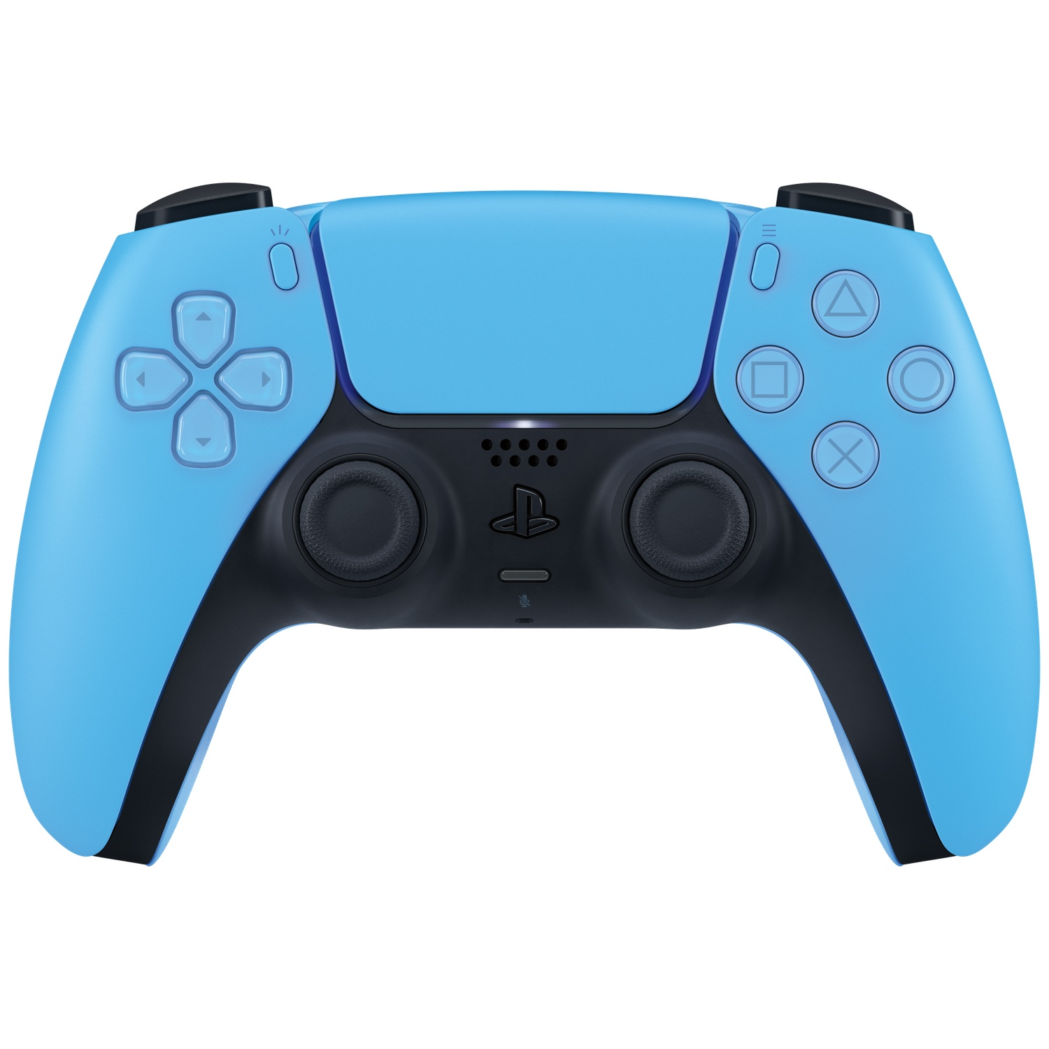 A light blue game controller with black accents and buttons.
