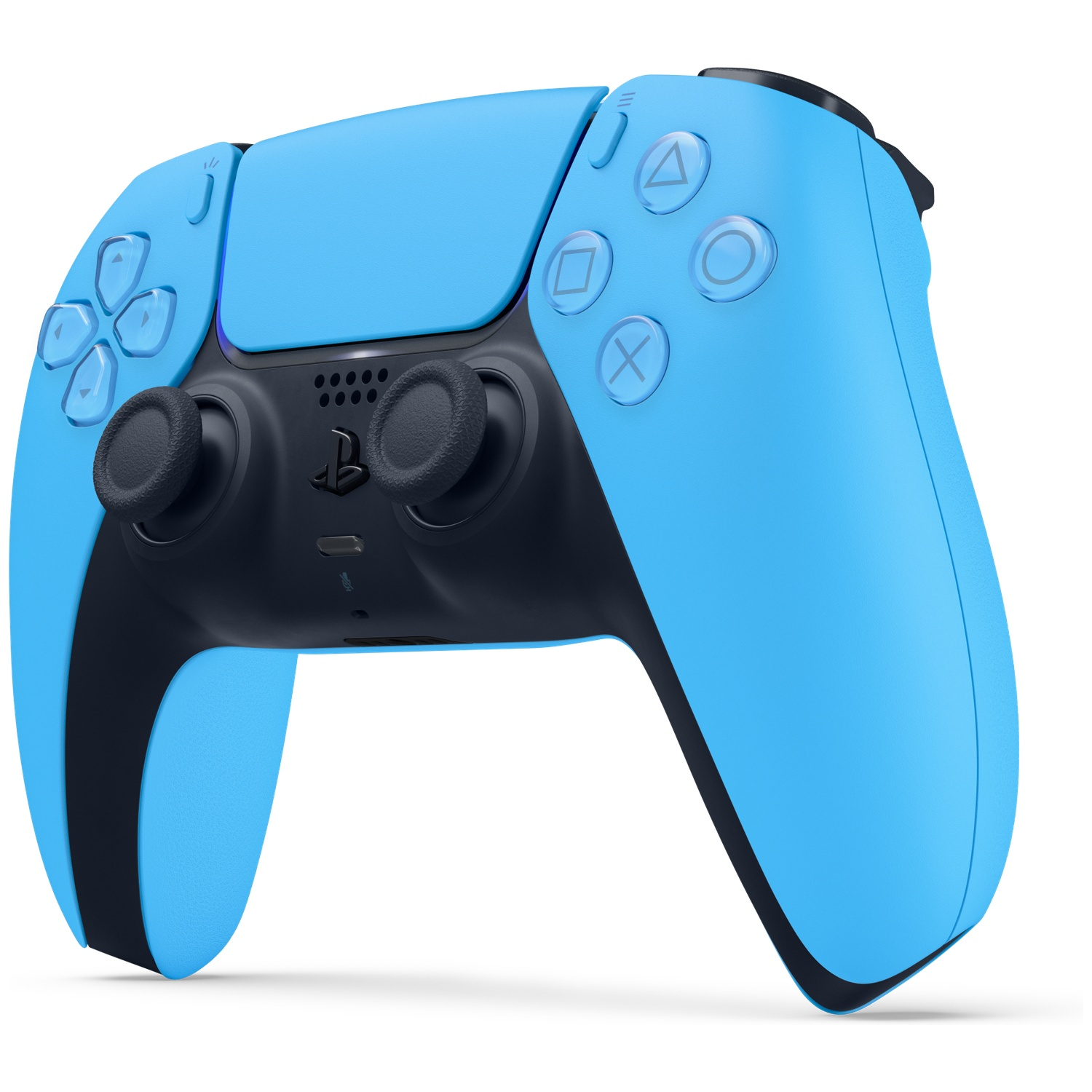 A blue and black PlayStation 5 controller on a white background.