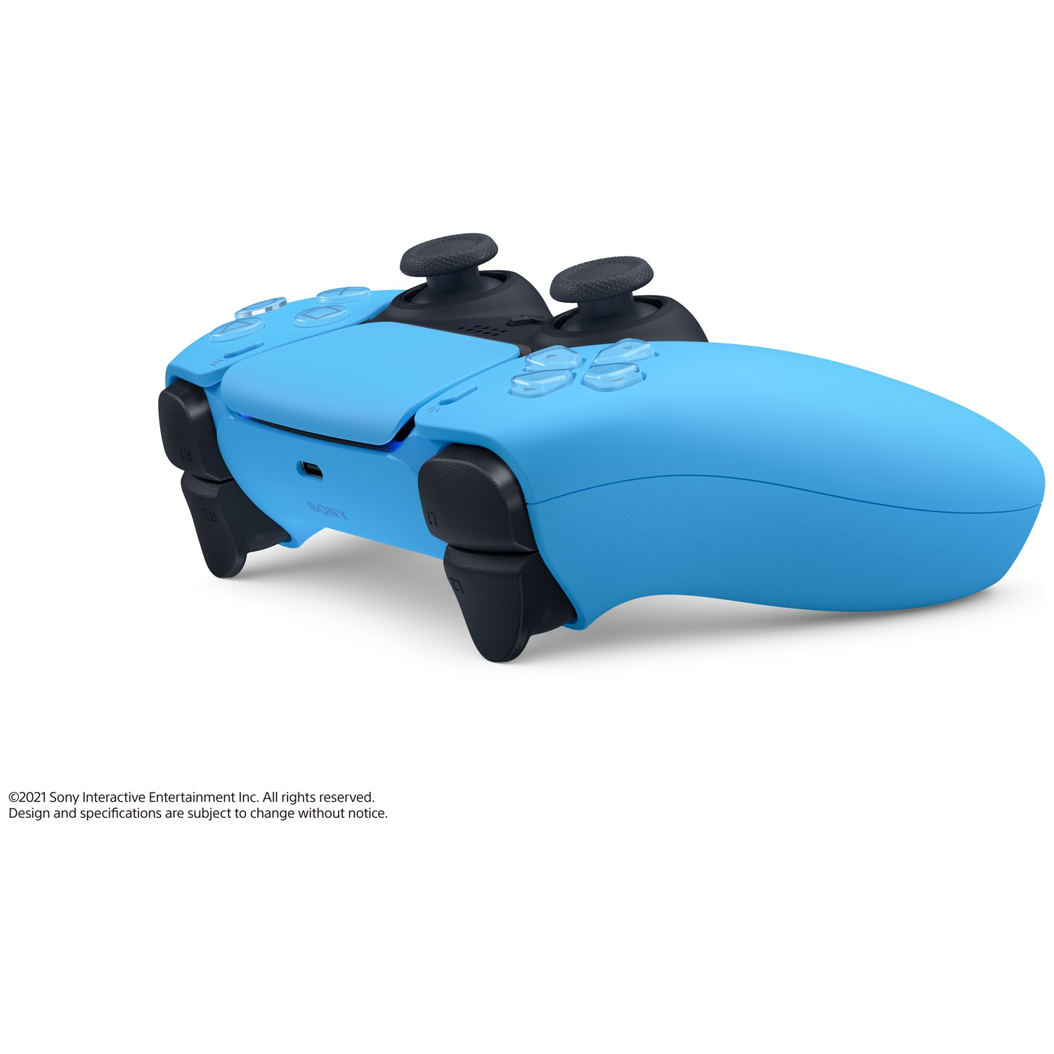 A blue PlayStation 5 controller with black buttons on a white background.