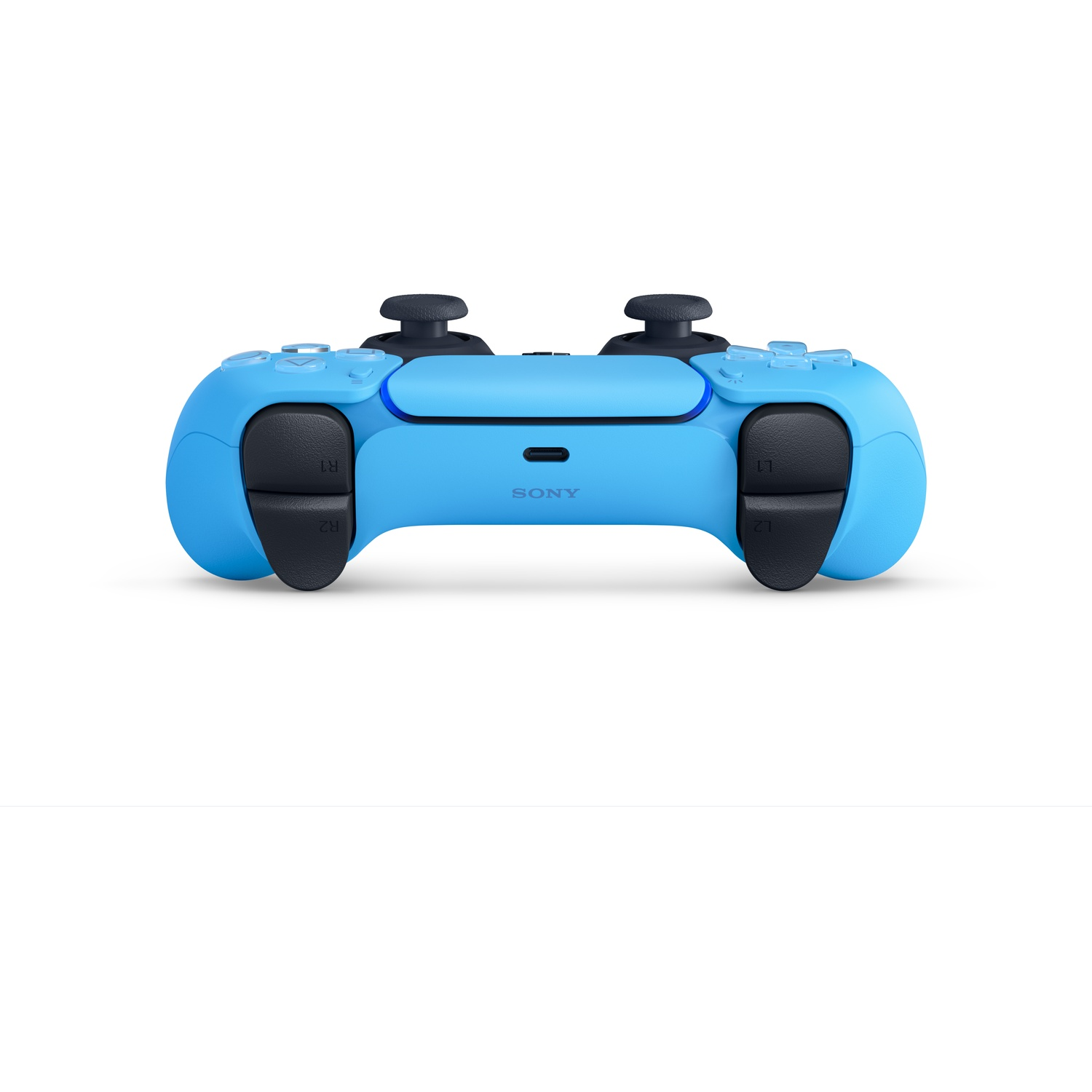 A blue Sony PlayStation 5 controller on a white background.