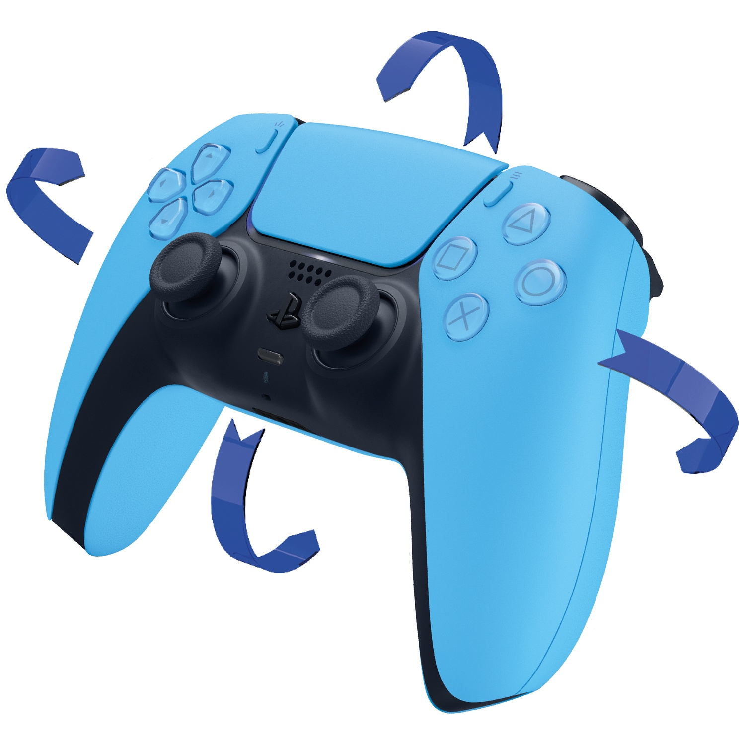 A light blue game controller with black accents and blue arrows indicating movement.