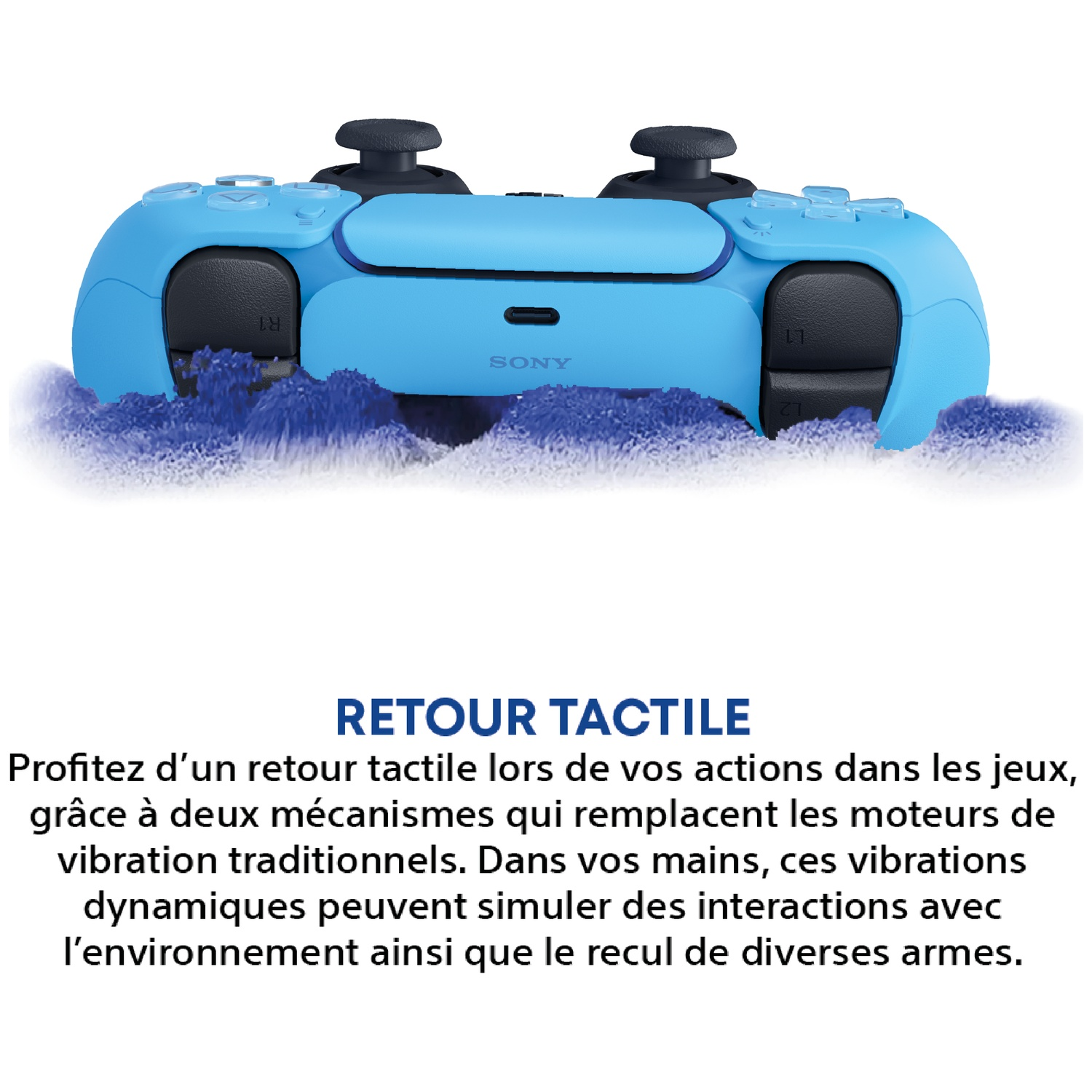 A blue Sony controller with haptic feedback, resting in swirling blue dust.